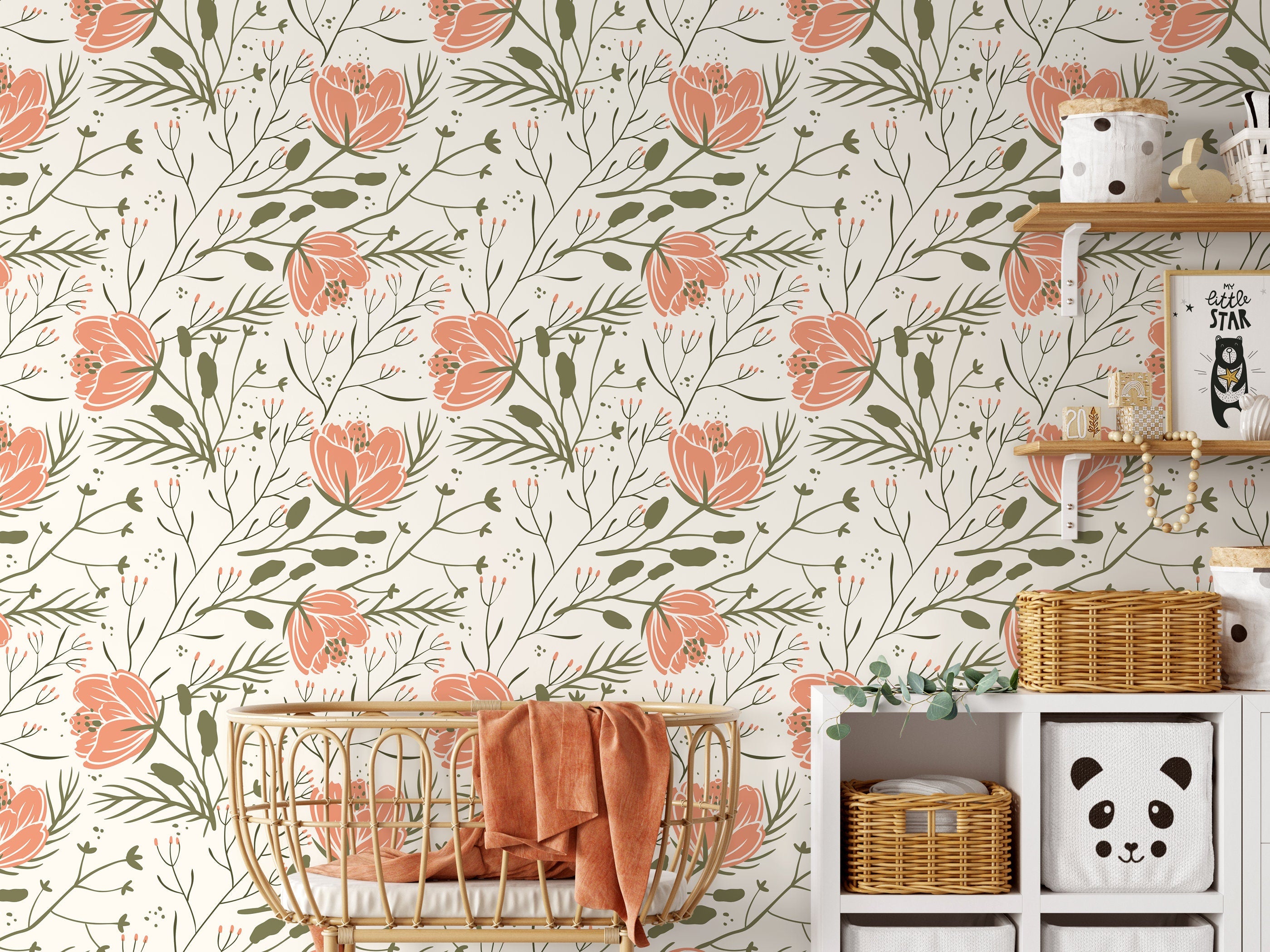 Floral Wallpaper With A Scandinavian Botanical Motif In Coral And Green - D148