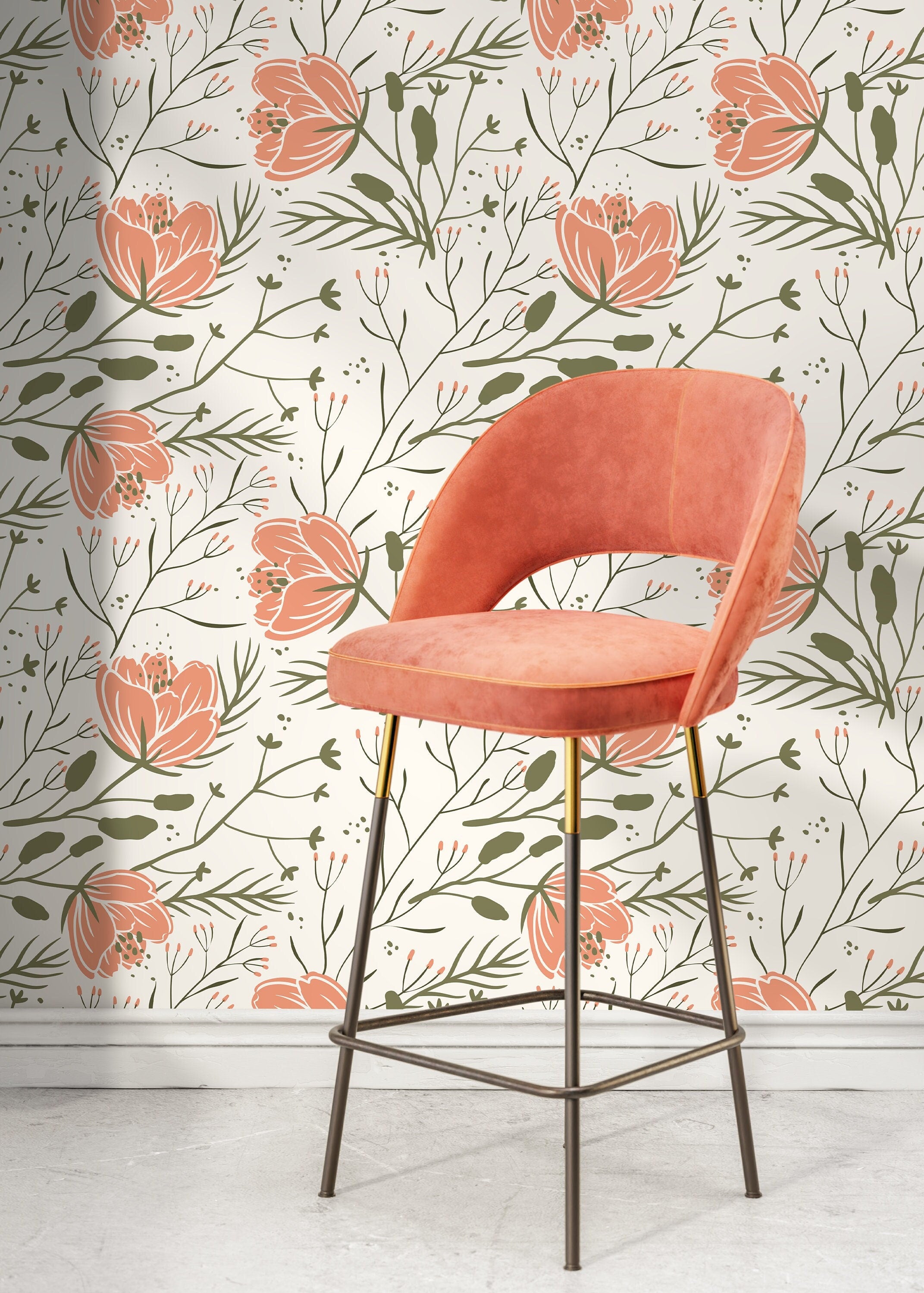 Floral Wallpaper With A Scandinavian Botanical Motif In Coral And Green - D148