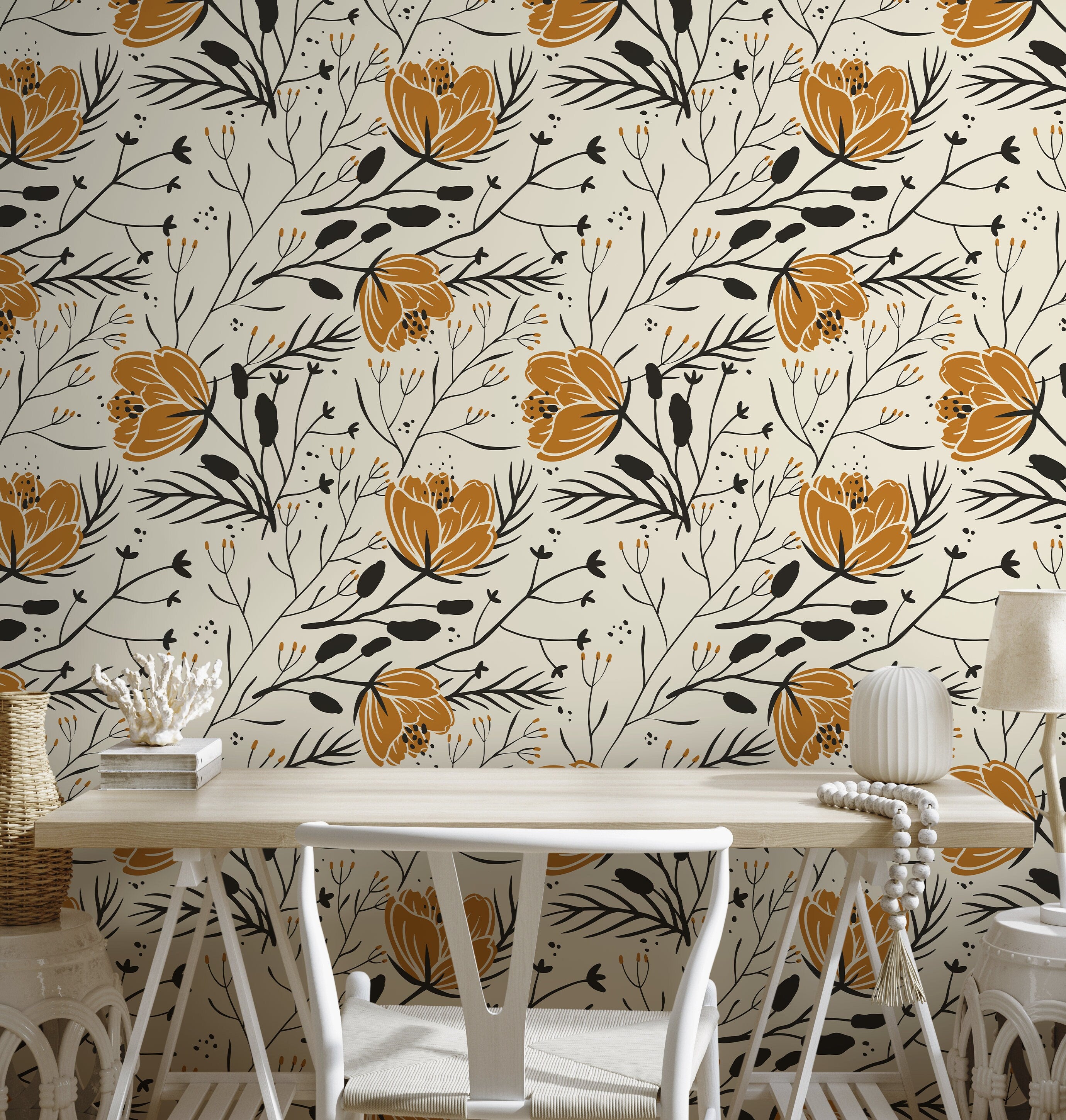 Floral Wallpaper Featuring Boho Wildflowers In Ochre And Black - D150