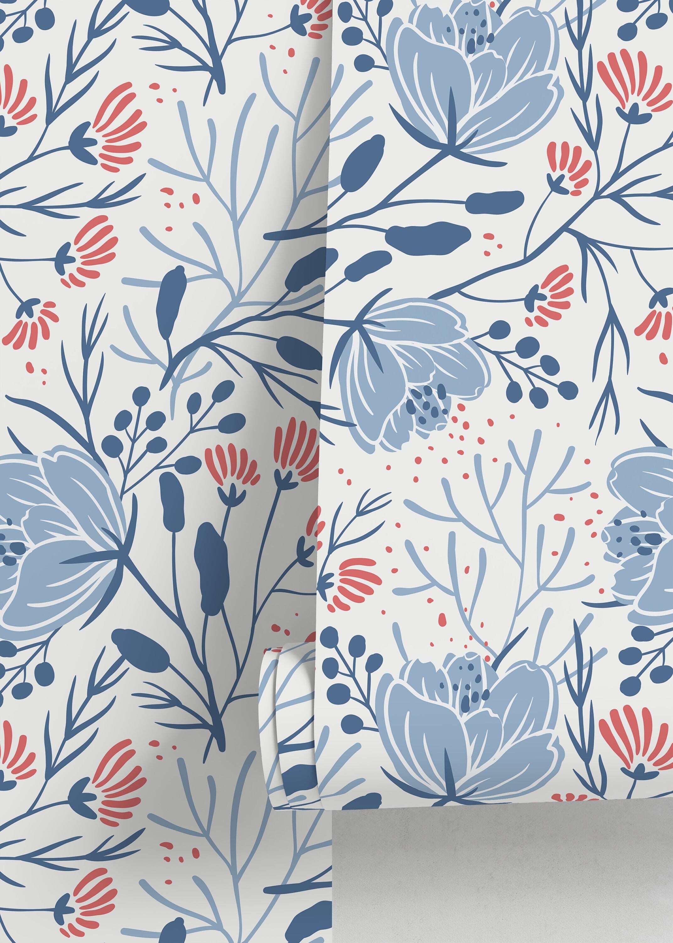 Scandinavian Wallpaper With A Folk Art Floral Motif In Blue And Red - D151