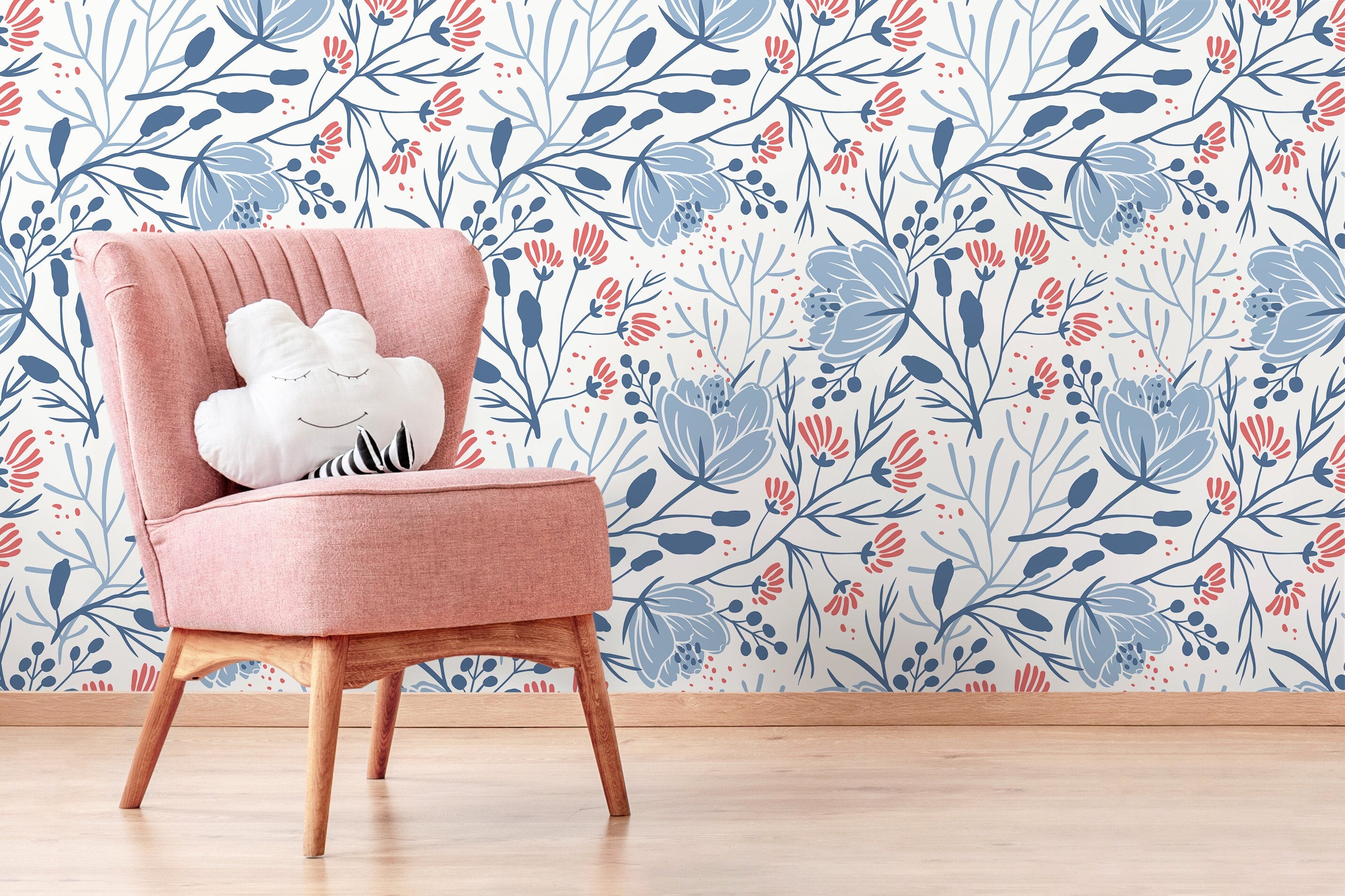 Scandinavian Wallpaper With A Folk Art Floral Motif In Blue And Red - D151