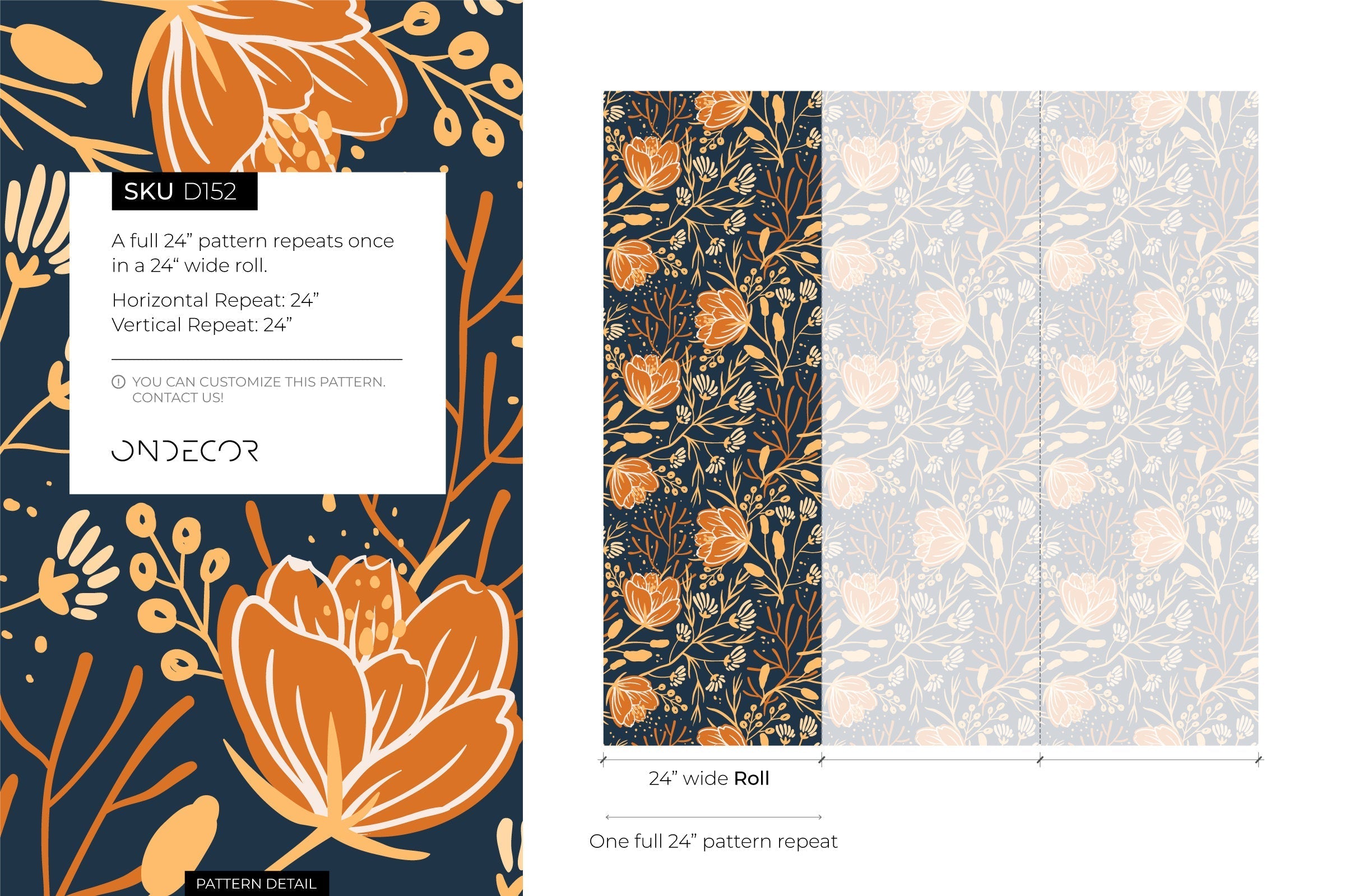Floral Wallpaper With A Folk Art Motif In Navy Blue, Orange, And Cream - D152