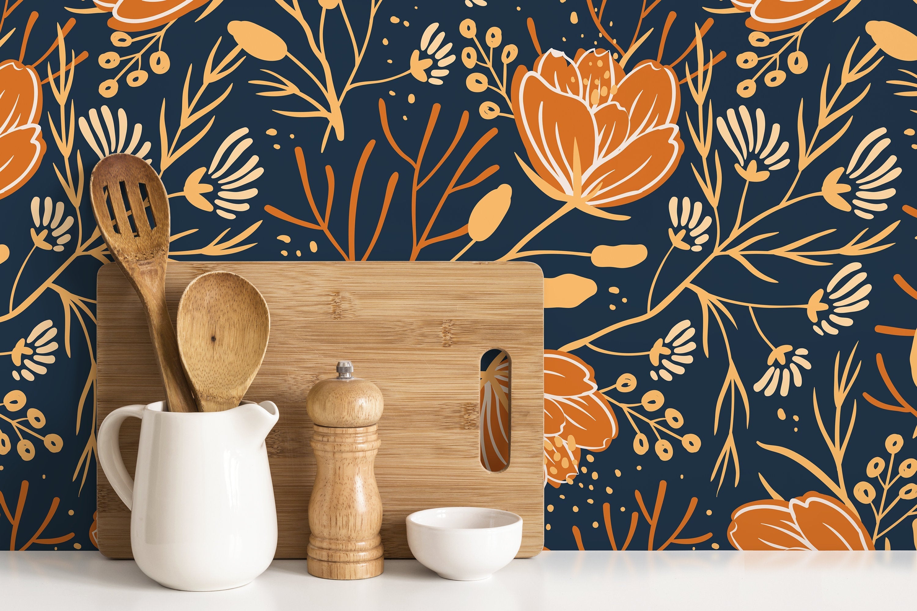 Floral Wallpaper With A Folk Art Motif In Navy Blue, Orange, And Cream - D152