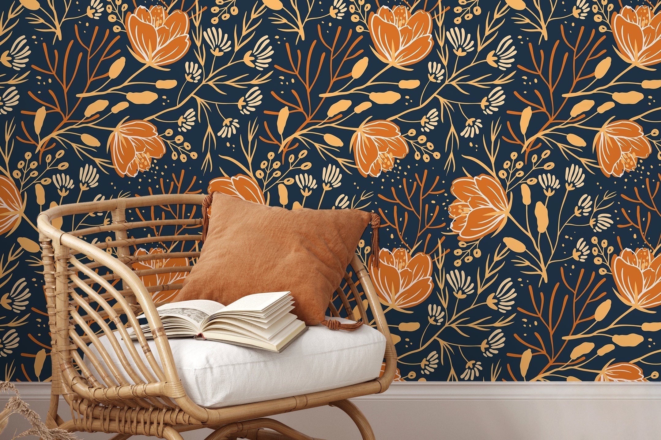 Floral Wallpaper With A Folk Art Motif In Navy Blue, Orange, And Cream - D152