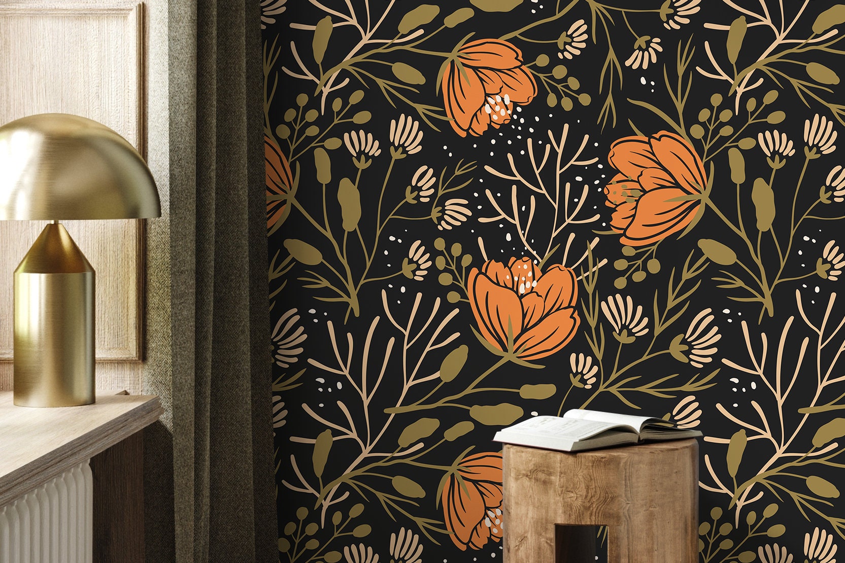Boho Floral Wallpaper With Stylized Blooms In Orange, Green, And Black - D153