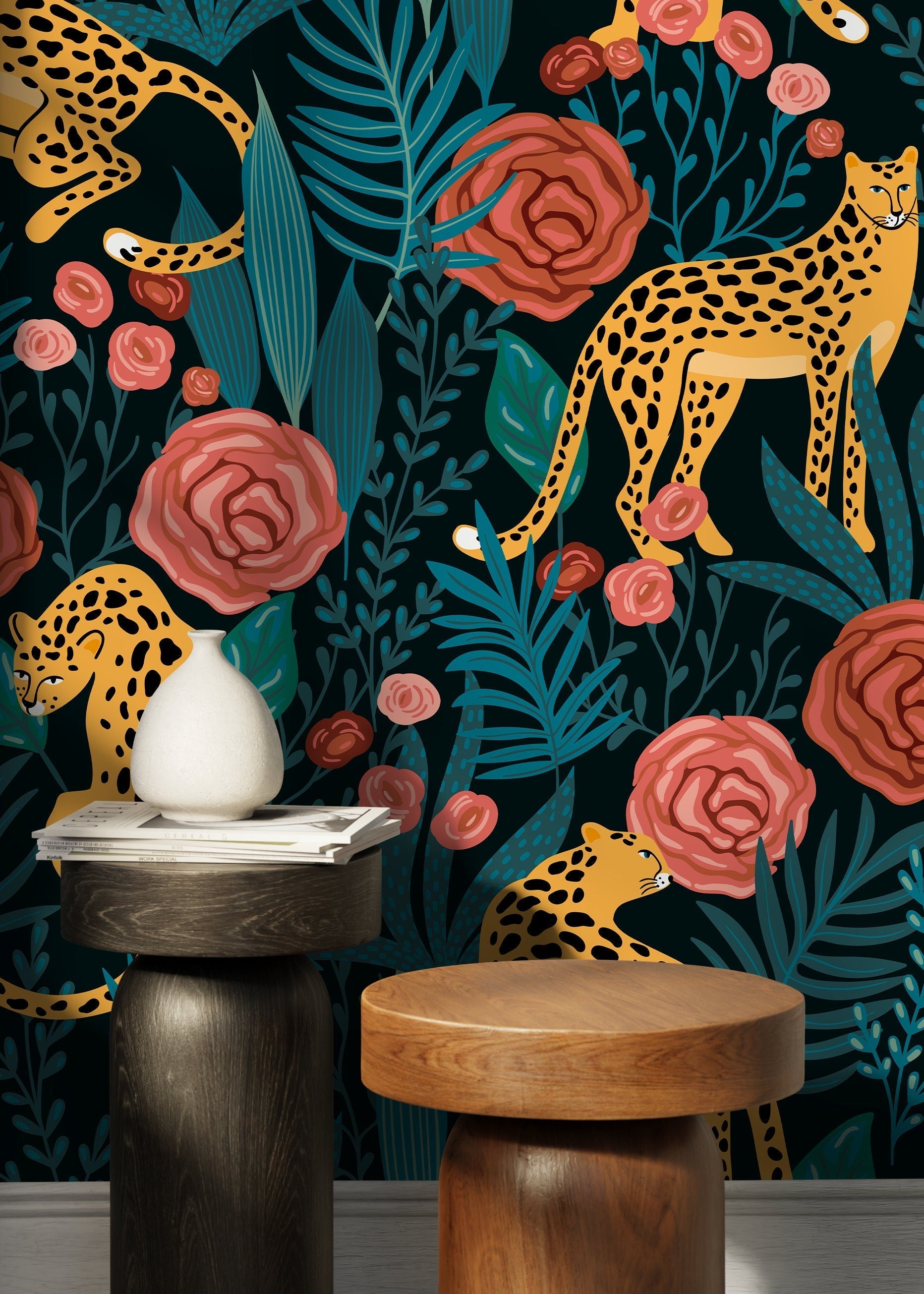 Animal Wallpaper Featuring Jungle Tigers And Roses In Pink, Yellow, And Teal - D155