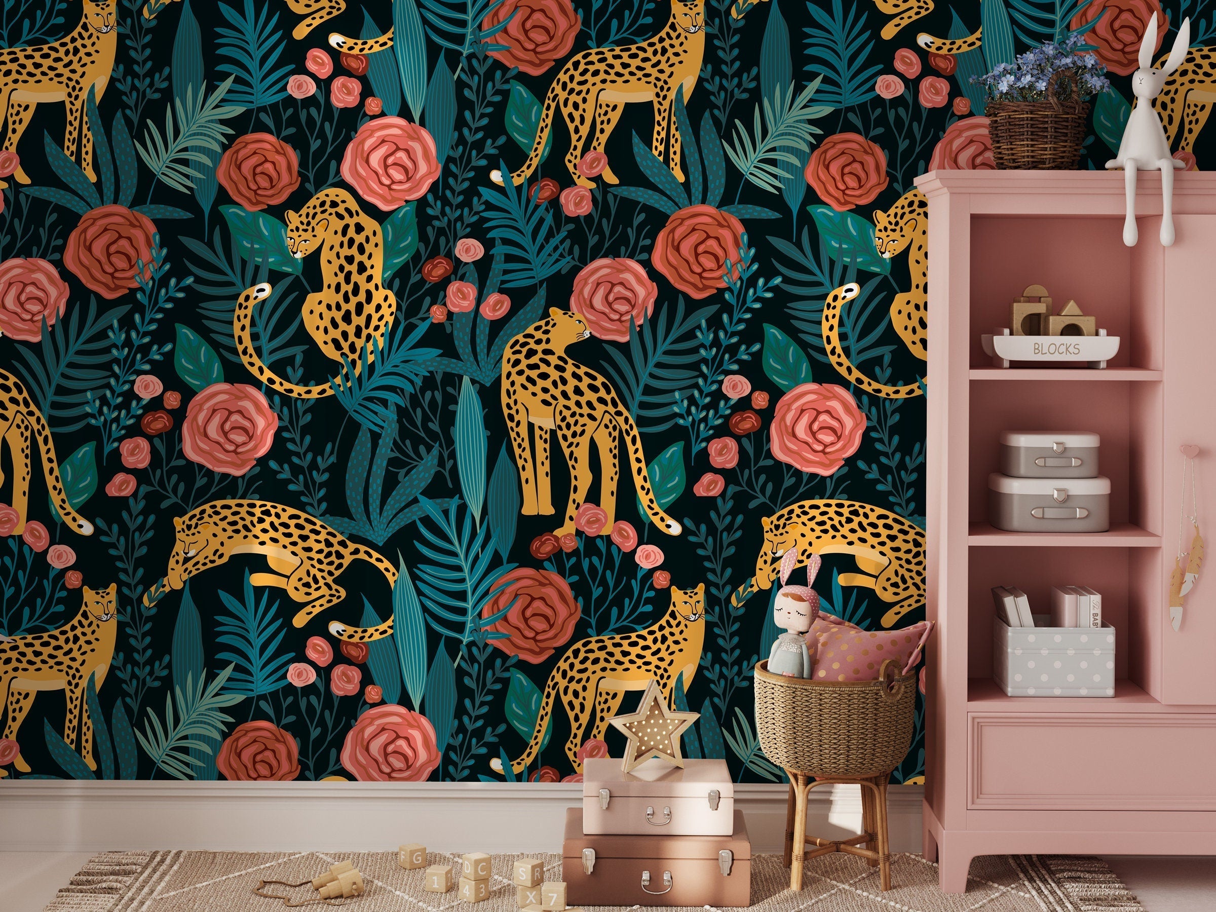 Animal Wallpaper Featuring Jungle Tigers And Roses In Pink, Yellow, And Teal - D155