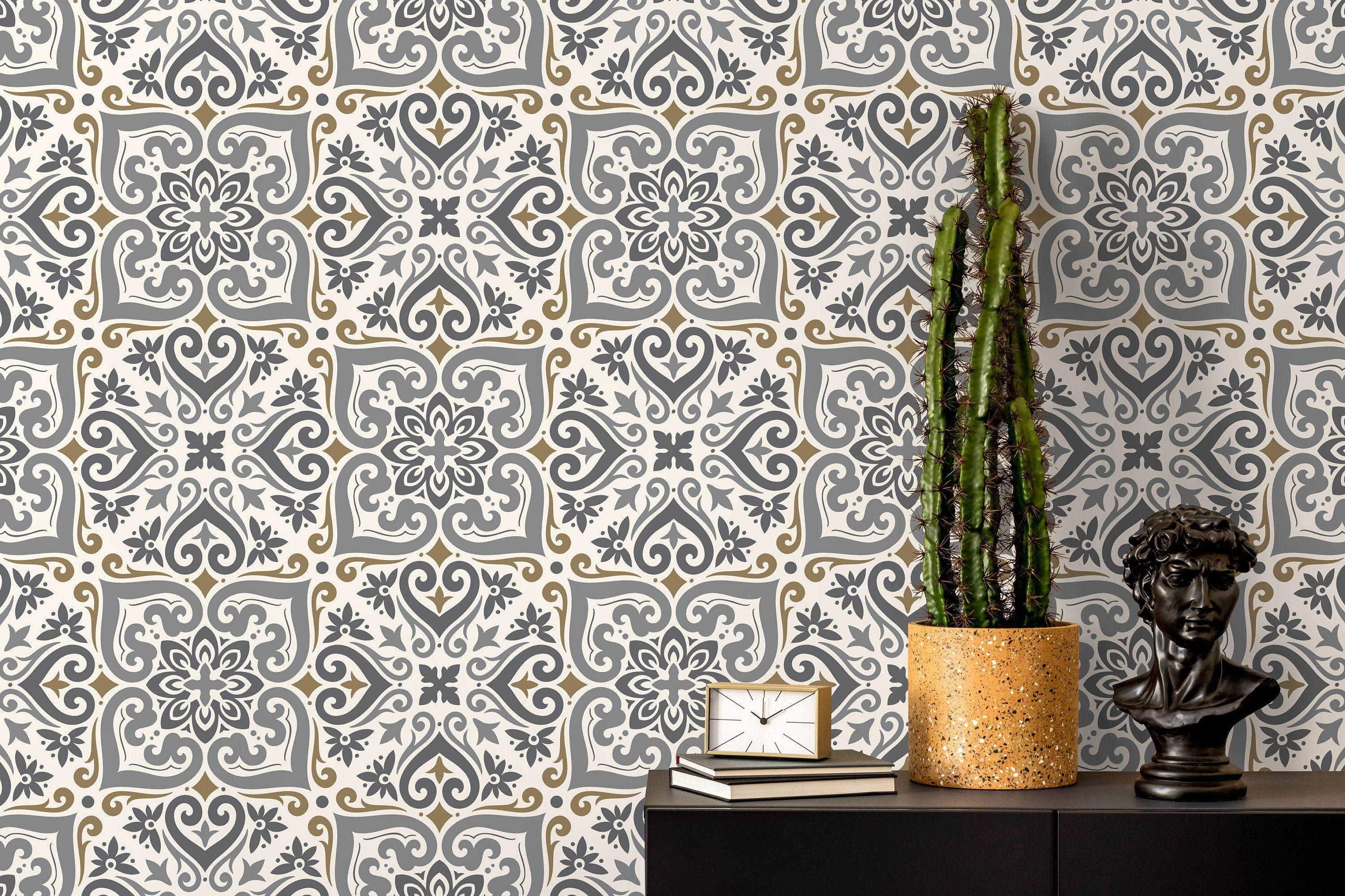 Moroccan Tile Wallpaper With An Intricate Motif In Grey And Taupe - D164