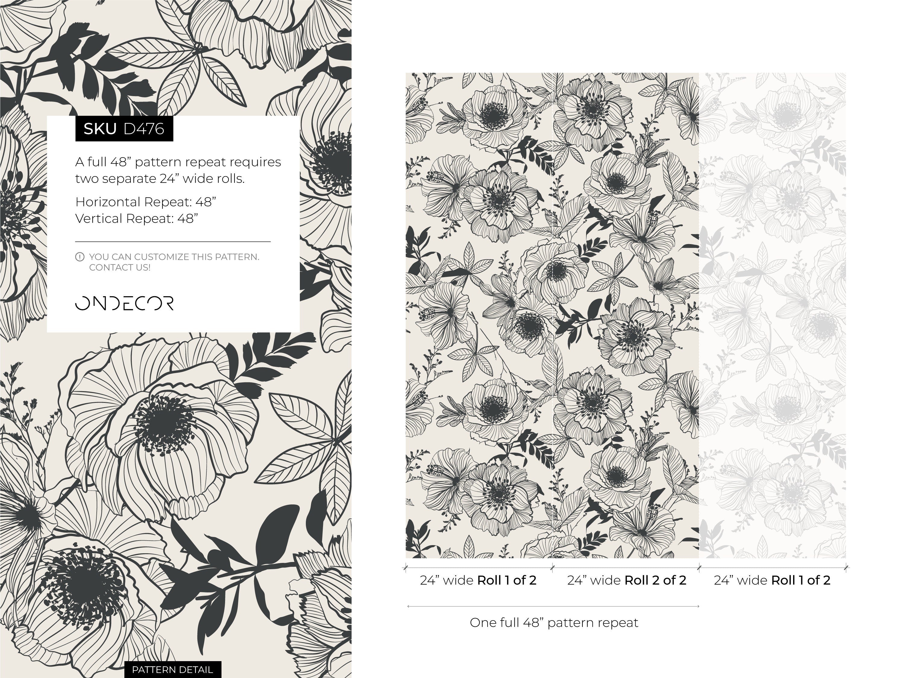 Floral Wallpaper Featuring Botanical Line Art In Black And Cream - D476