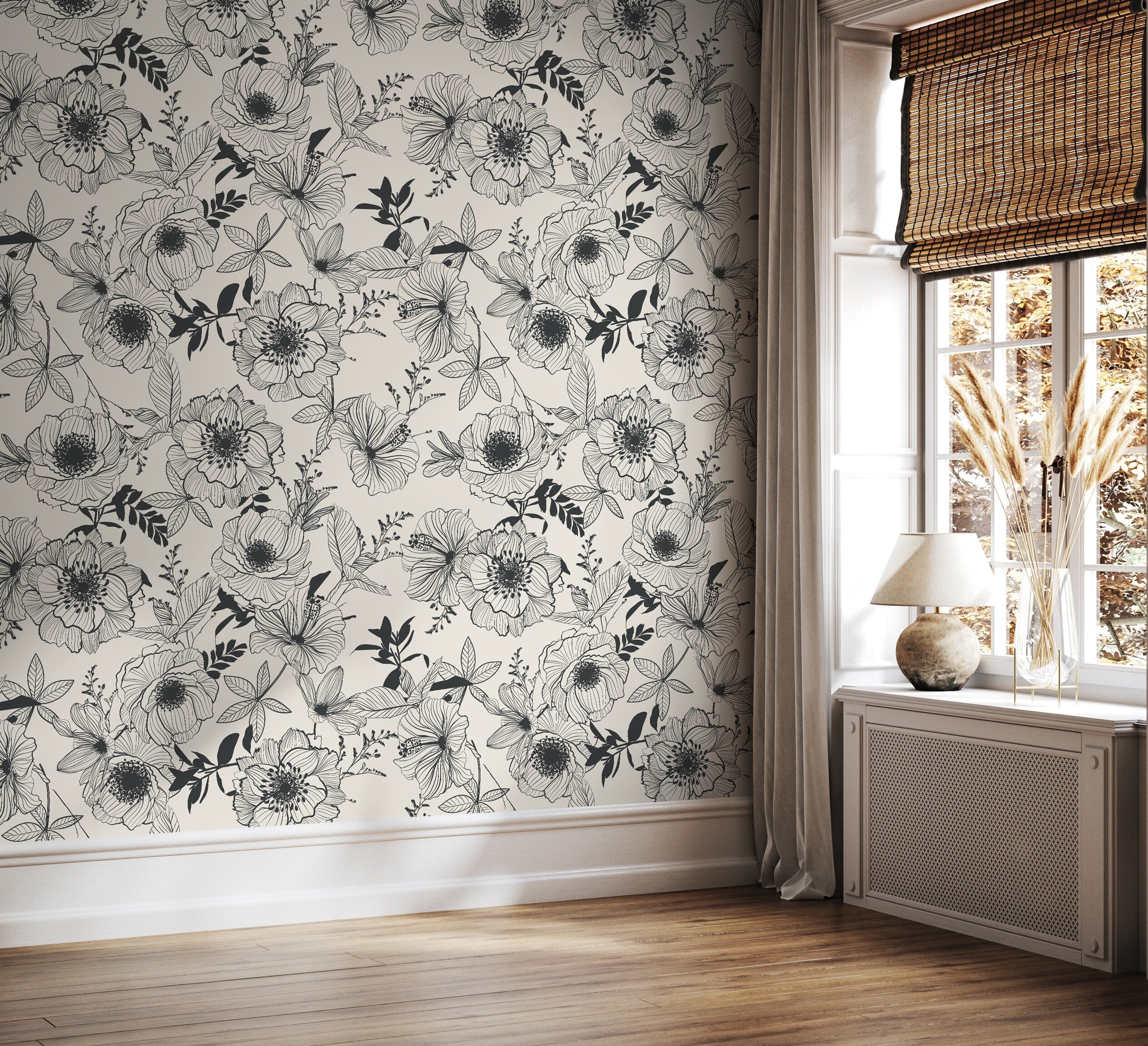 Floral Wallpaper Featuring Botanical Line Art In Black And Cream - D476