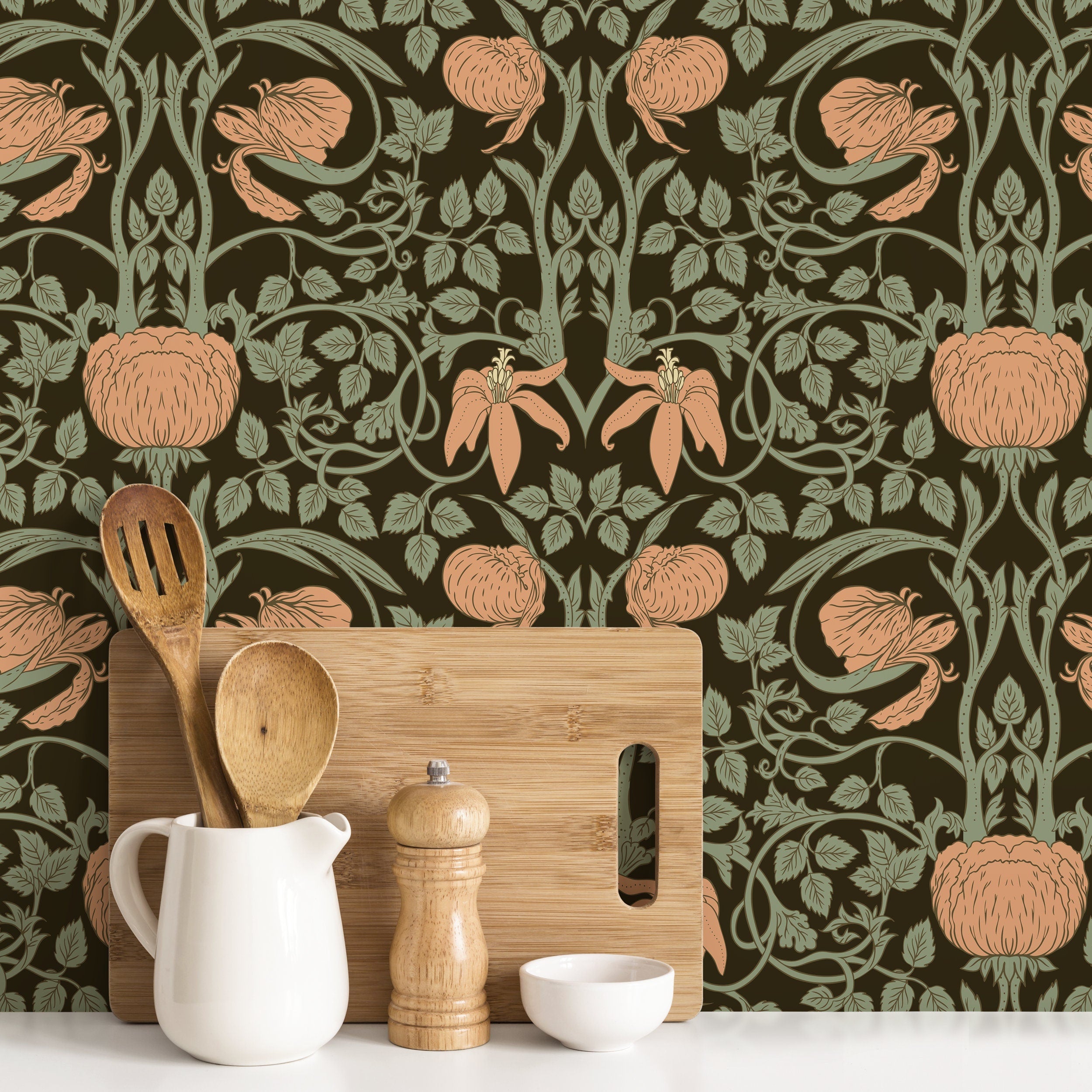 Art Nouveau Wallpaper With Stylized Floral Vines In Brown, Green, And Peach - D477