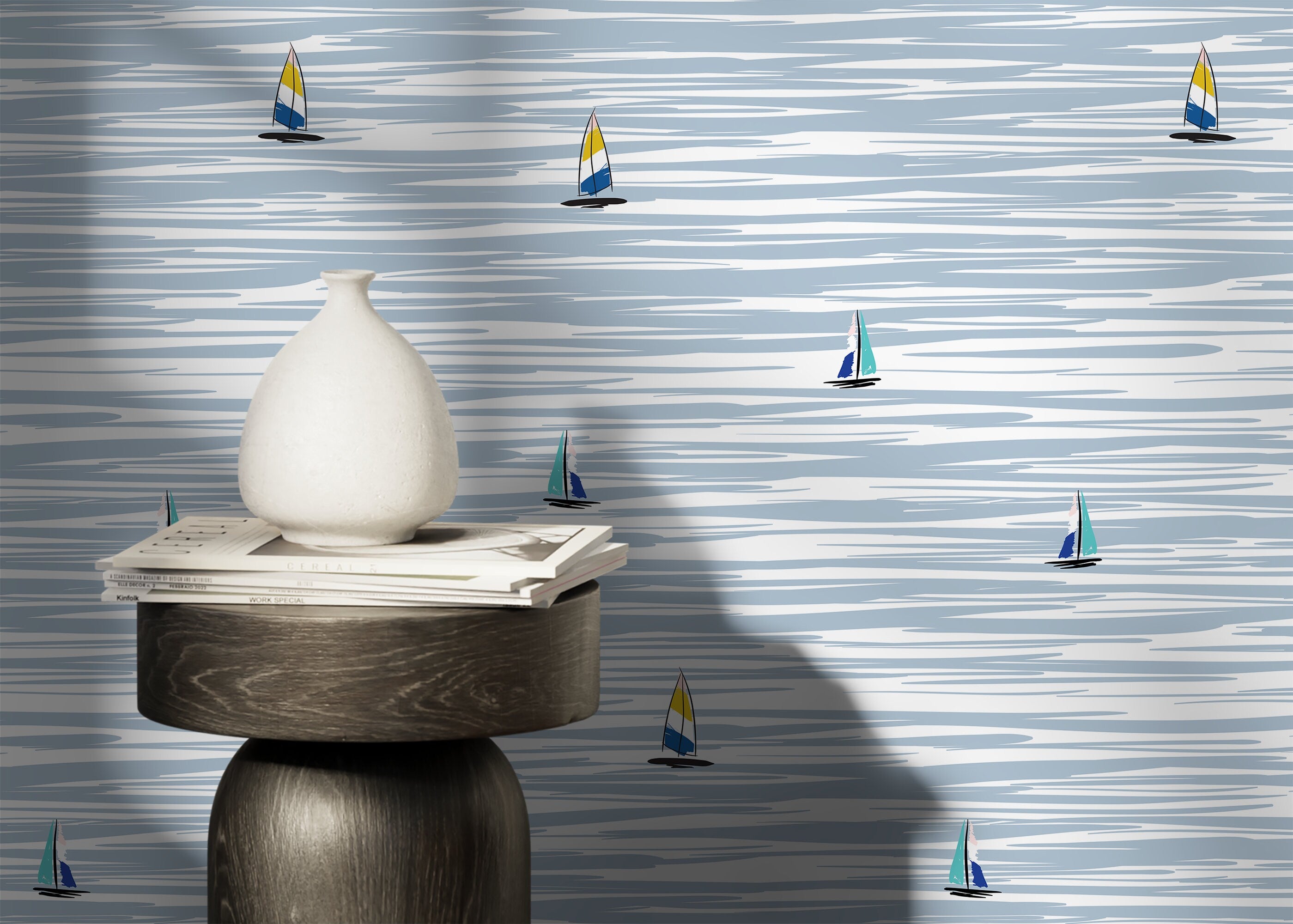 Nautical Wallpaper With Stylized Sailboats In Blue, Yellow, And Teal - D480