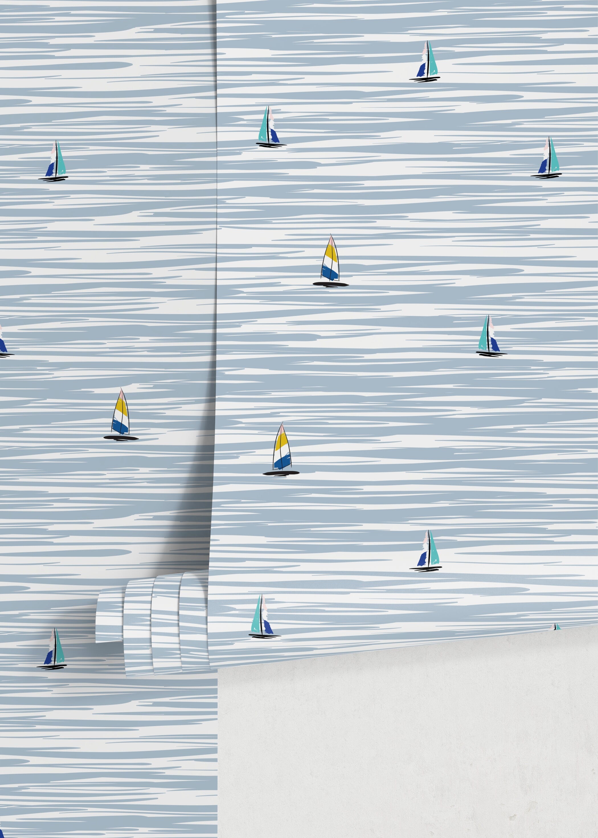 Nautical Wallpaper With Stylized Sailboats In Blue, Yellow, And Teal - D480