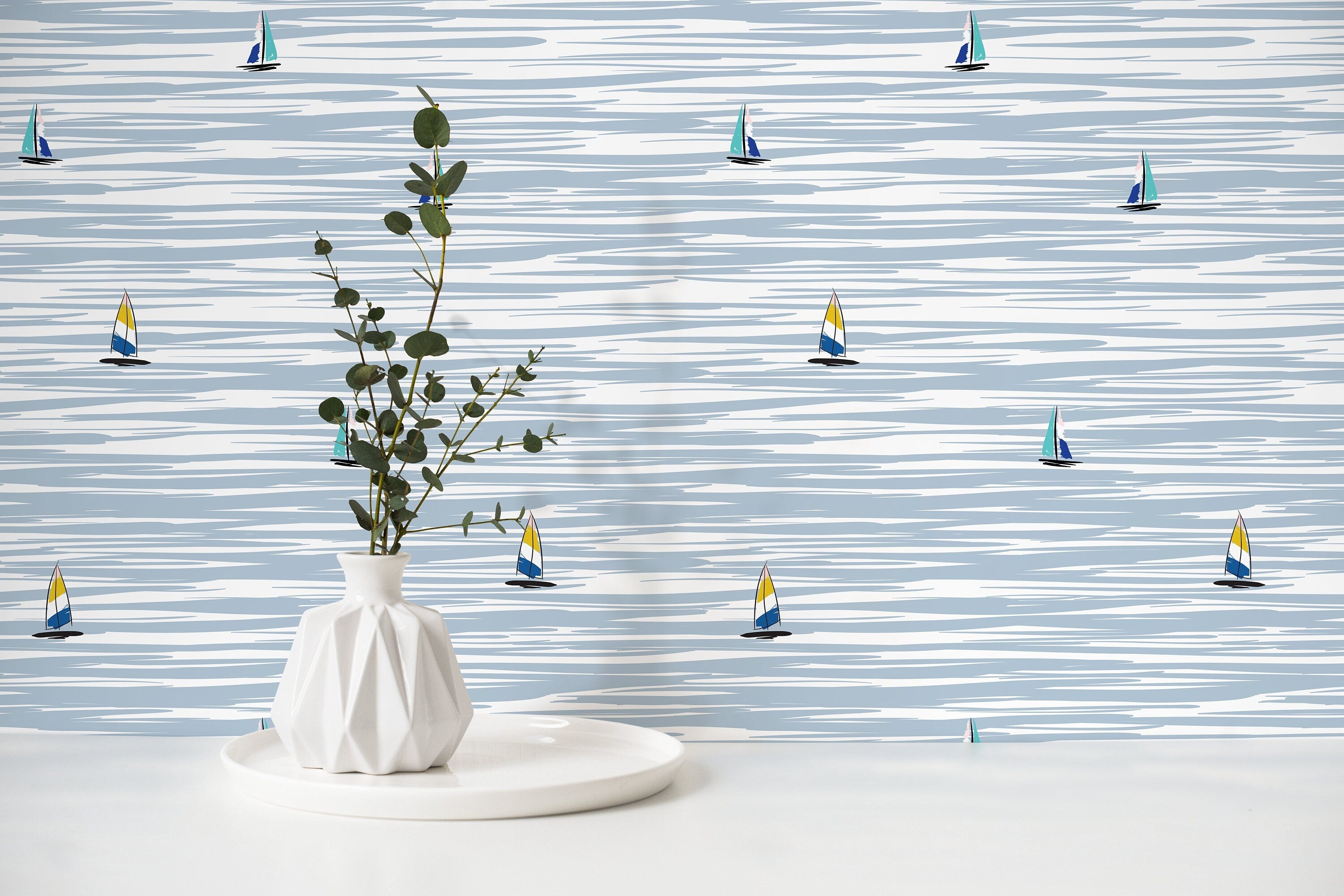 Nautical Wallpaper With Stylized Sailboats In Blue, Yellow, And Teal - D480