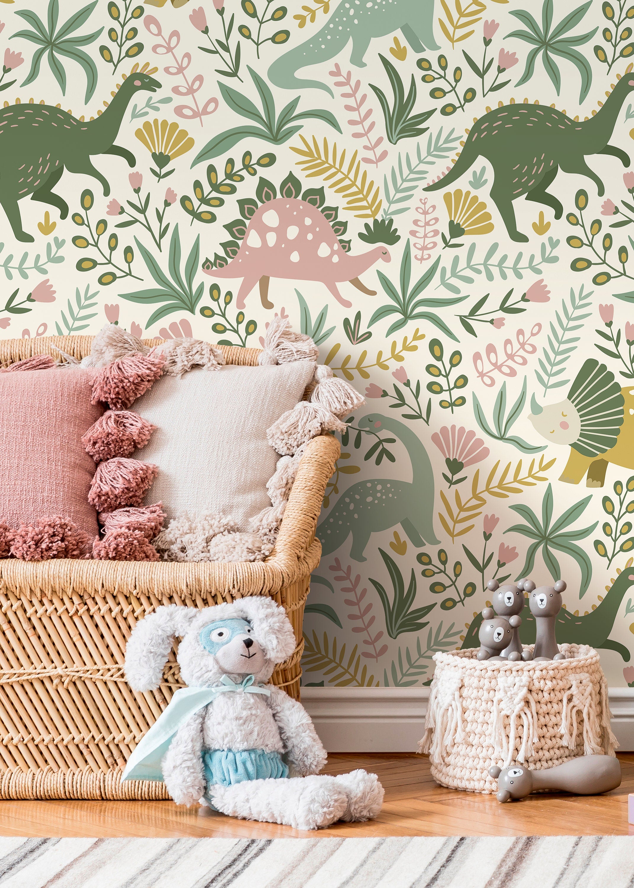 Dinosaur Wallpaper With Botanical Elements In Pink, Green, And Yellow - D482