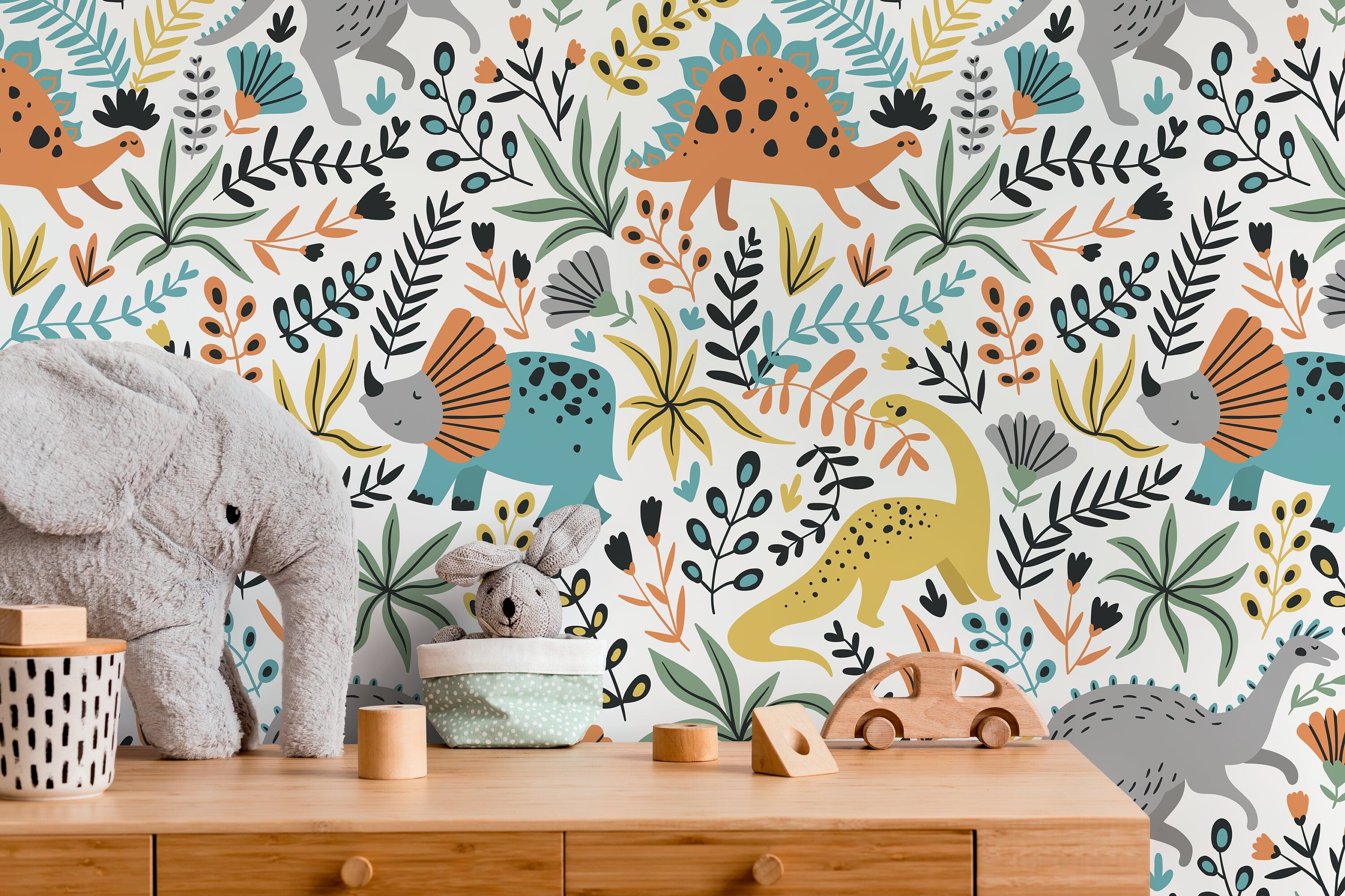 Dinosaur Wallpaper With Botanical Accents In Orange, Teal, And Yellow - D483