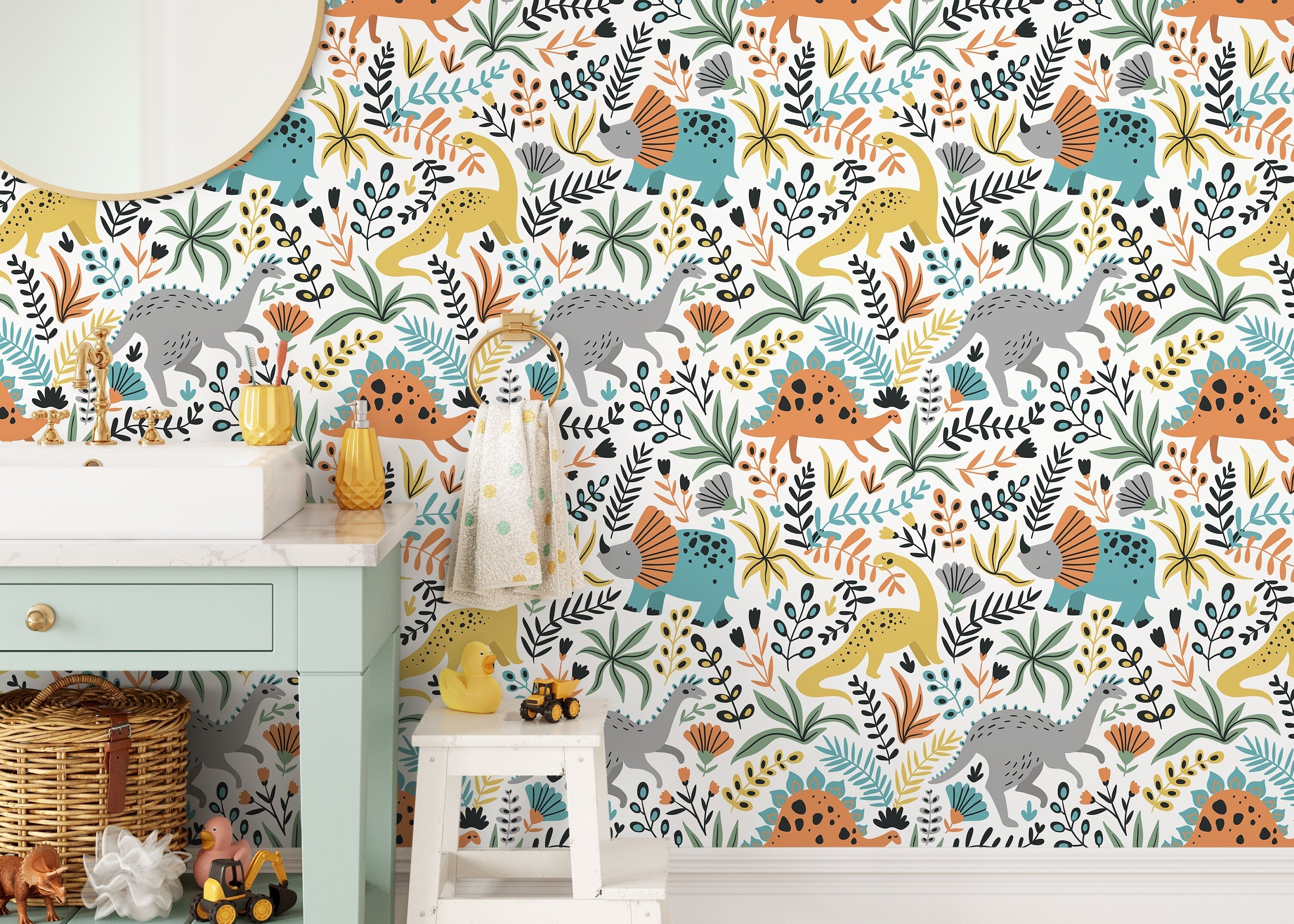 Dinosaur Wallpaper With Botanical Accents In Orange, Teal, And Yellow - D483