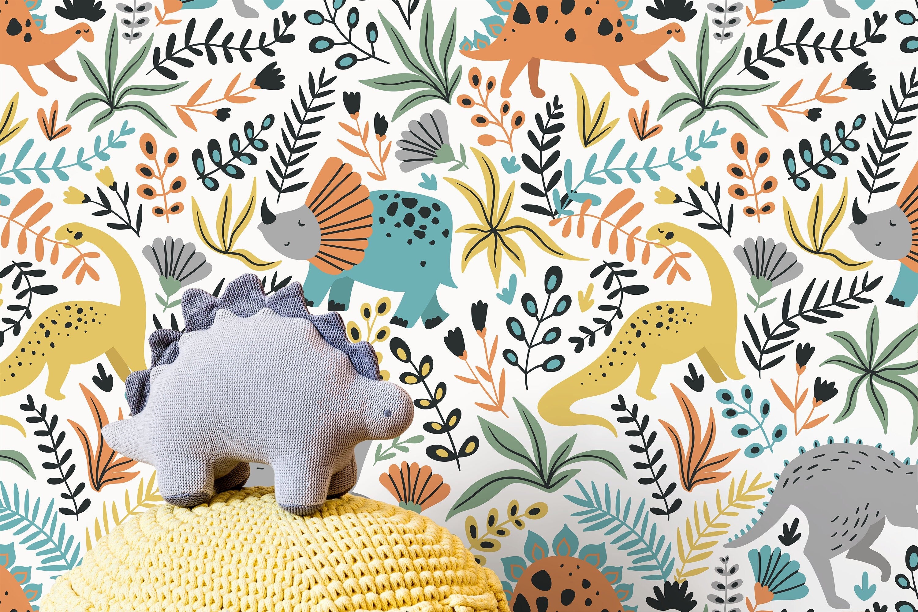 Dinosaur Wallpaper With Botanical Accents In Orange, Teal, And Yellow - D483