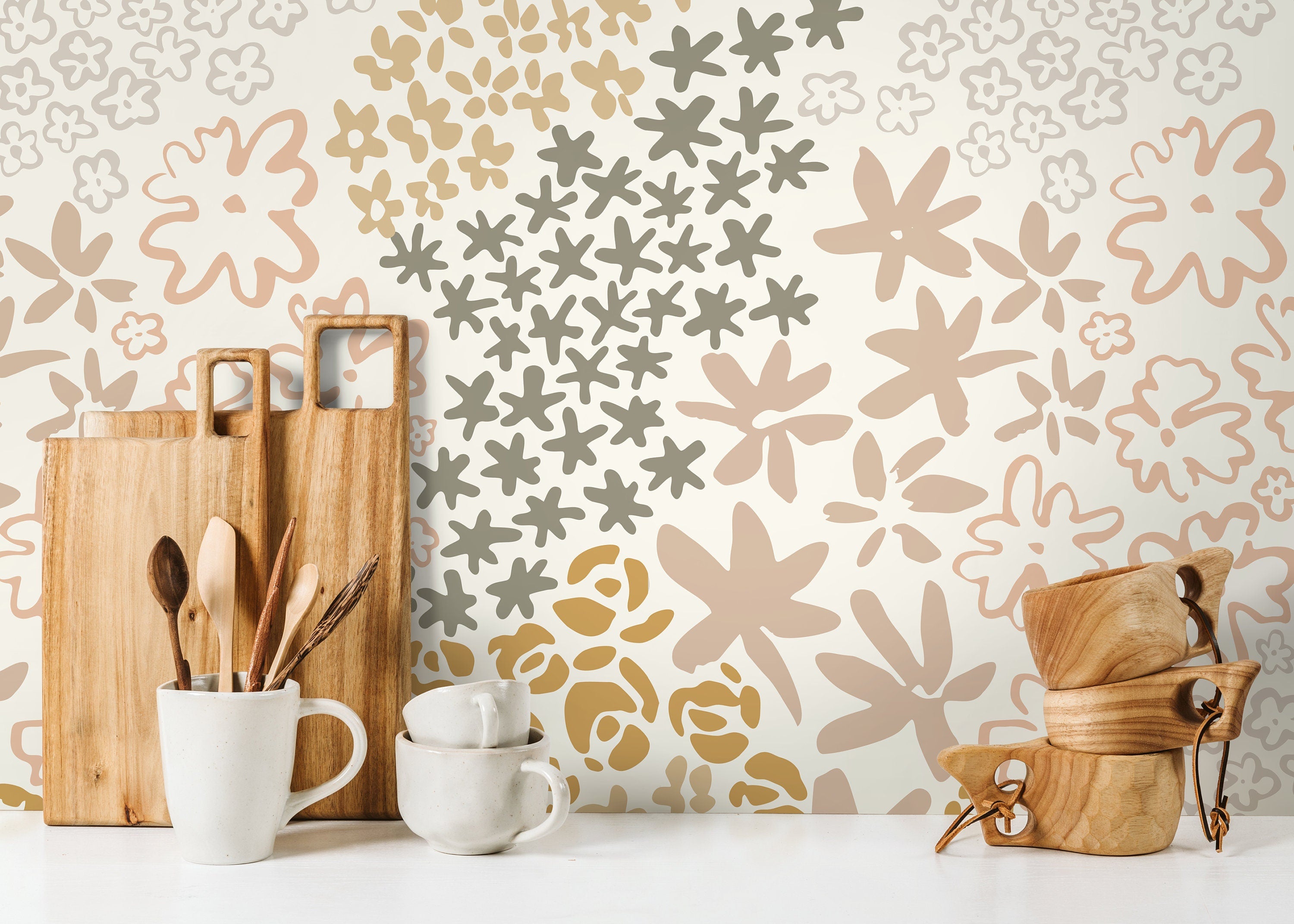 Floral Wallpaper With Stylized Blooms In Gold, Mauve, And Sage - D167
