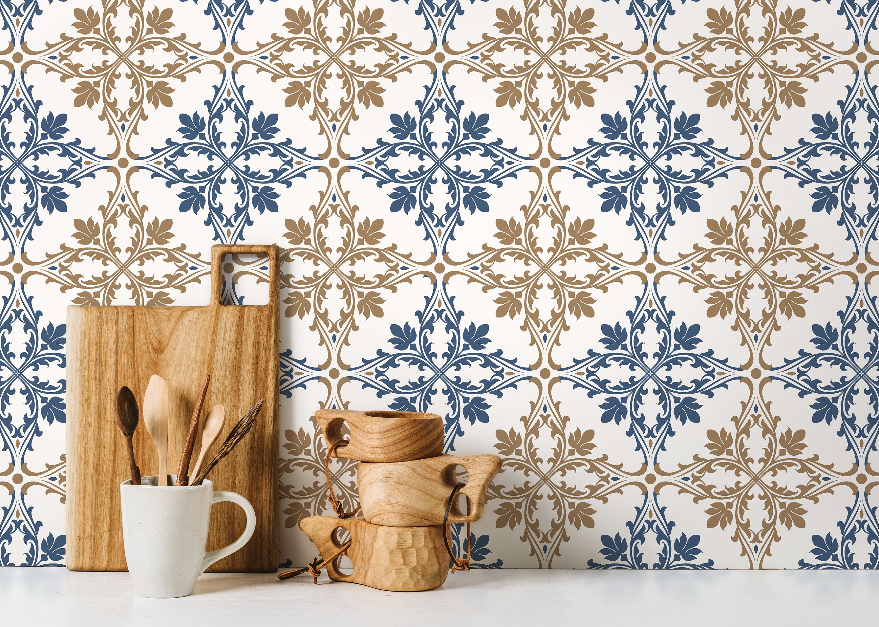 Tile Wallpaper With An Ornamental Damask Motif In Blue And Beige - D169