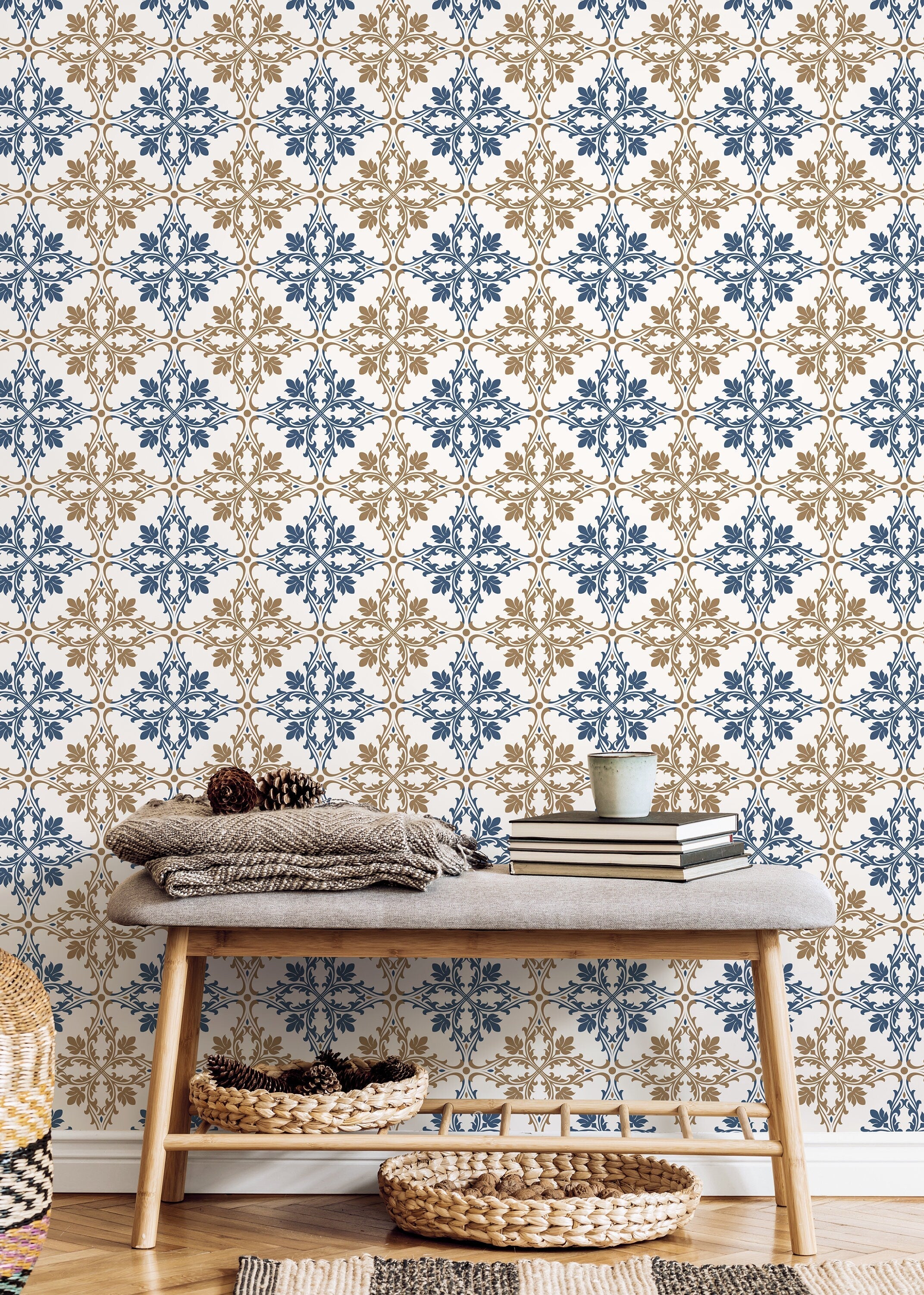 Tile Wallpaper With An Ornamental Damask Motif In Blue And Beige - D169