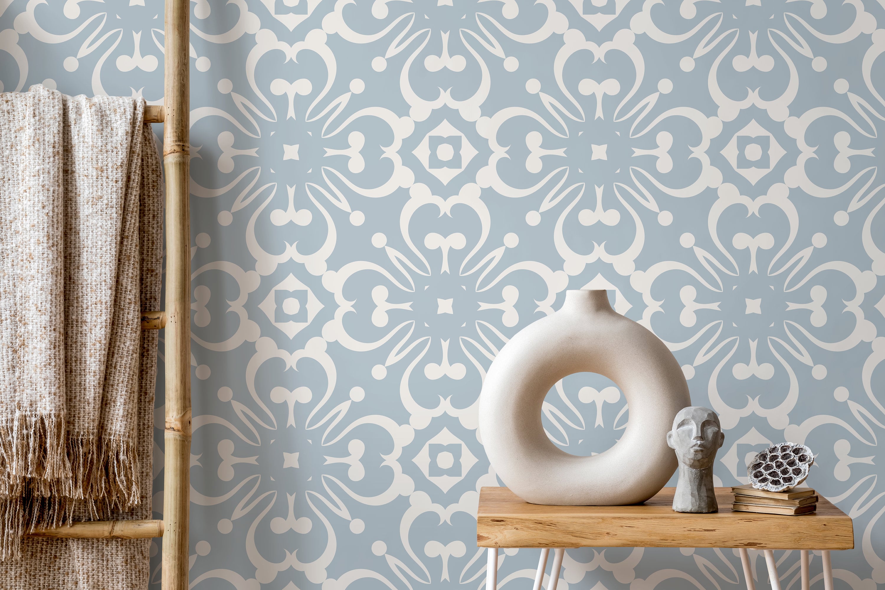 Tile Wallpaper With An Intricate Mediterranean Motif In Light Blue And Cream - D178