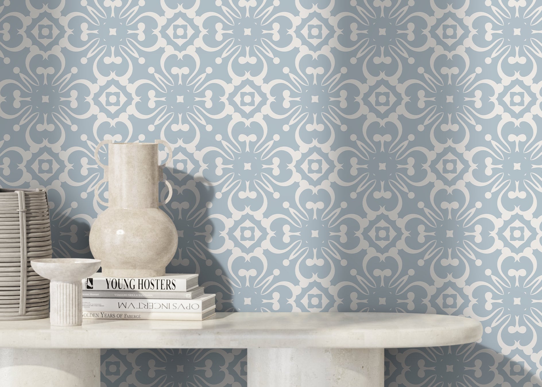 Tile Wallpaper With An Intricate Mediterranean Motif In Light Blue And Cream - D178