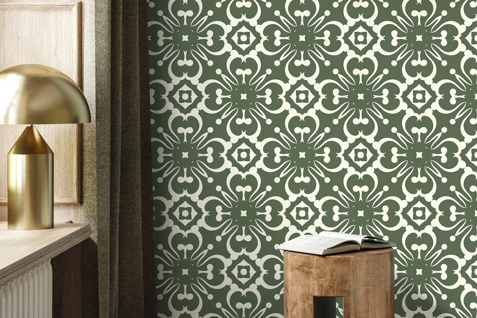 Tile Wallpaper With An Ornate Symmetrical Motif In Green And White - D179