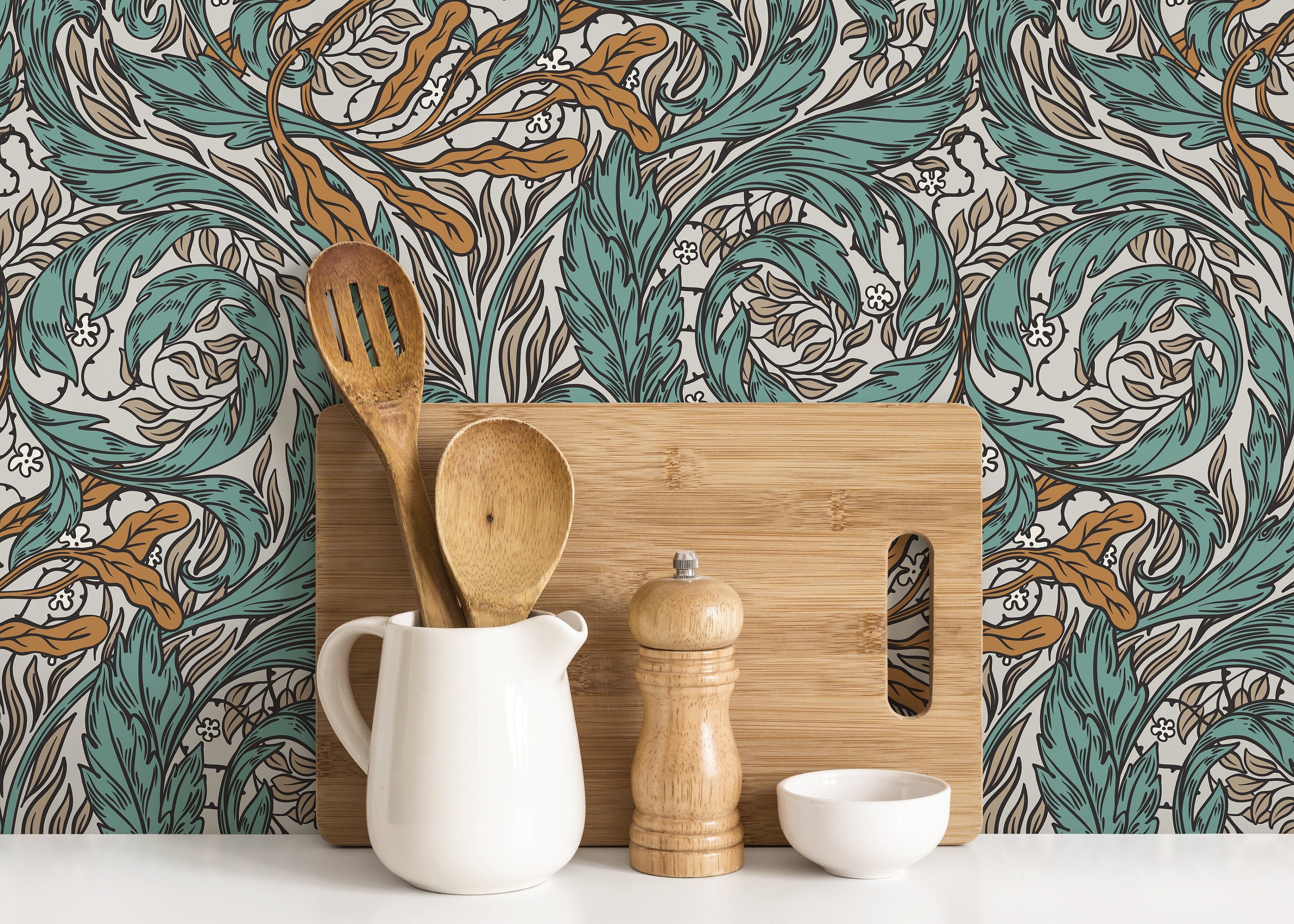 Art Nouveau Wallpaper With Swirling Botanical Vines In Teal And Ochre - D488
