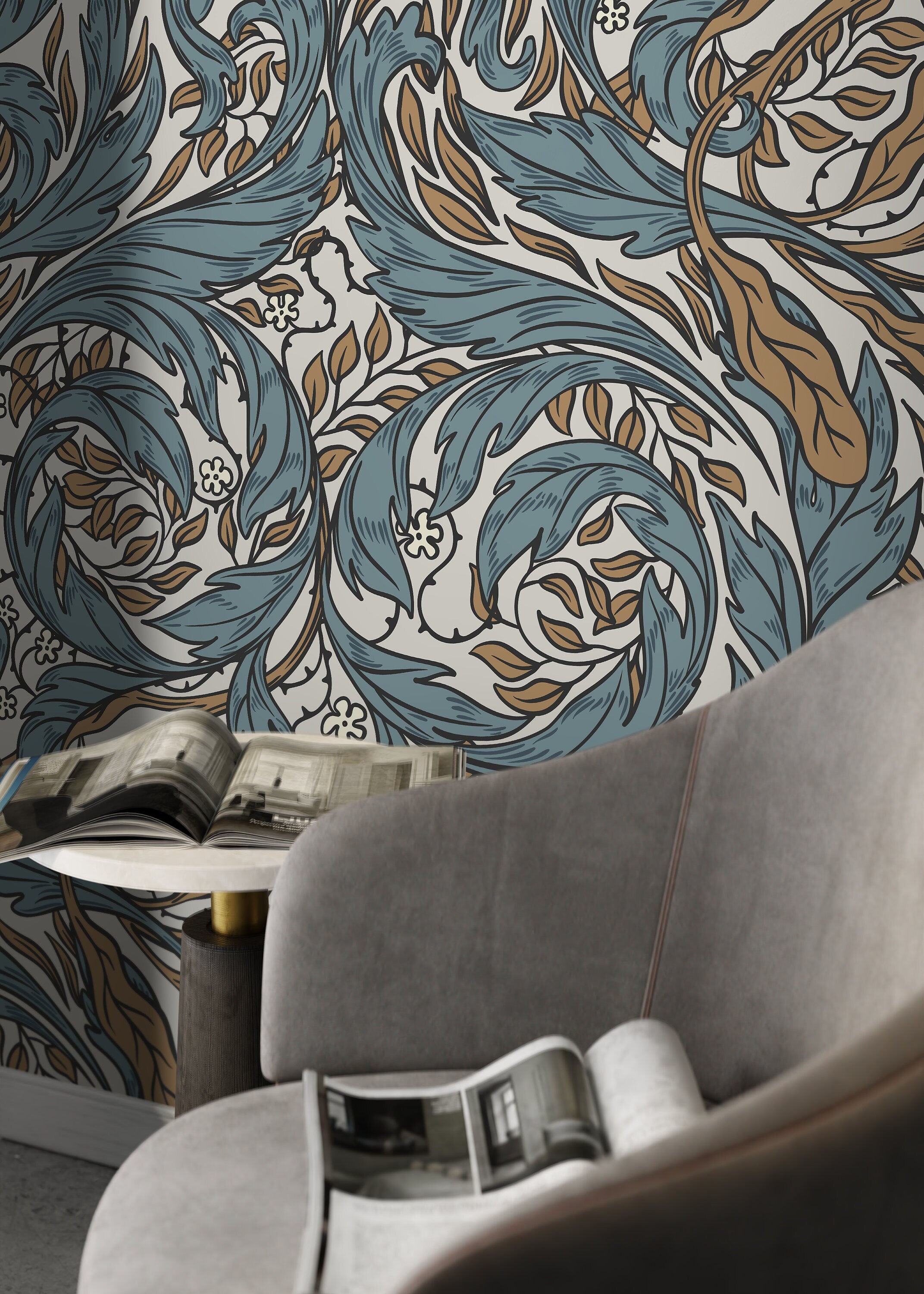 Art Nouveau Wallpaper With Ornamental Acanthus Vines In Blue And Brown - D489