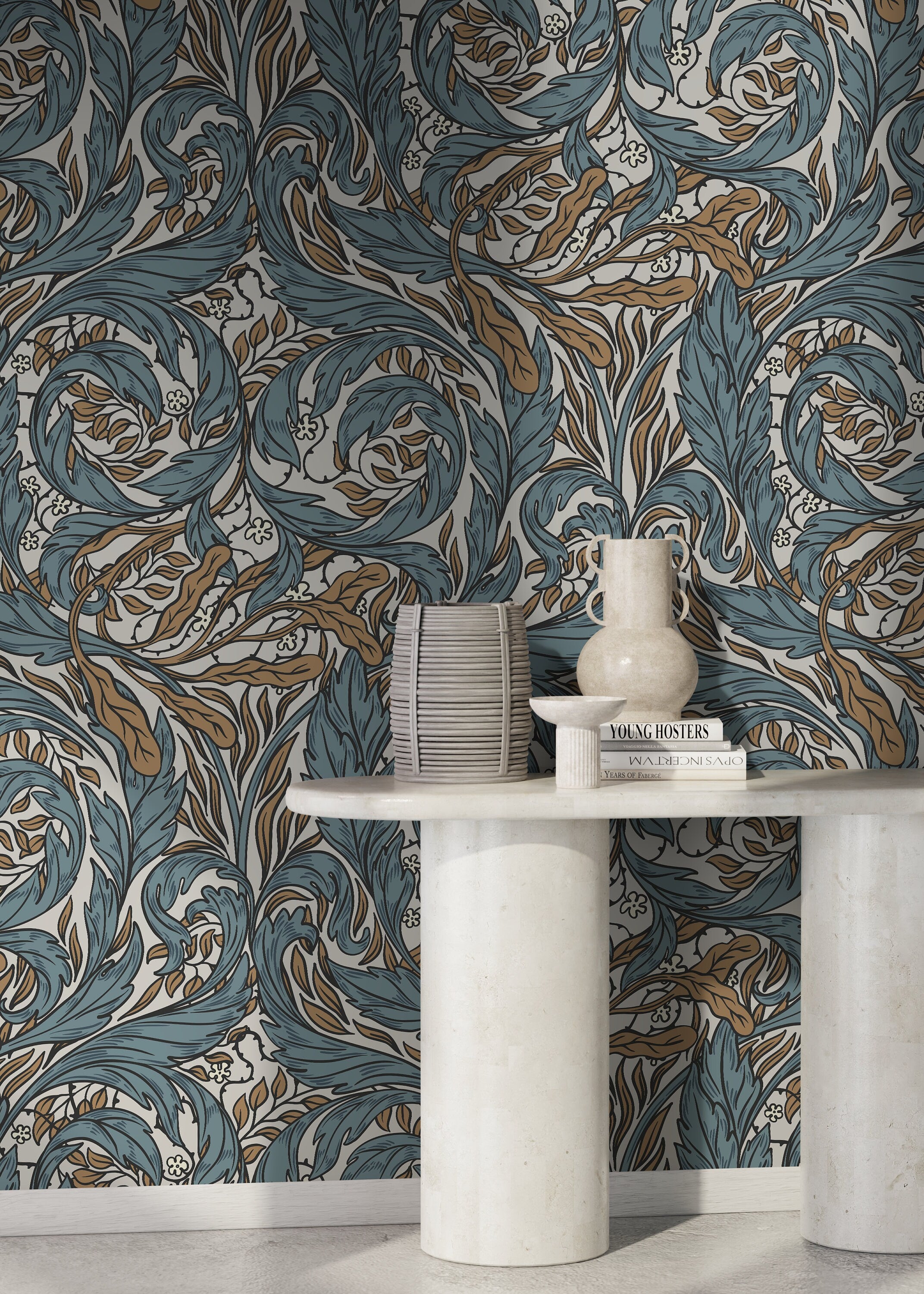 Art Nouveau Wallpaper With Ornamental Acanthus Vines In Blue And Brown - D489