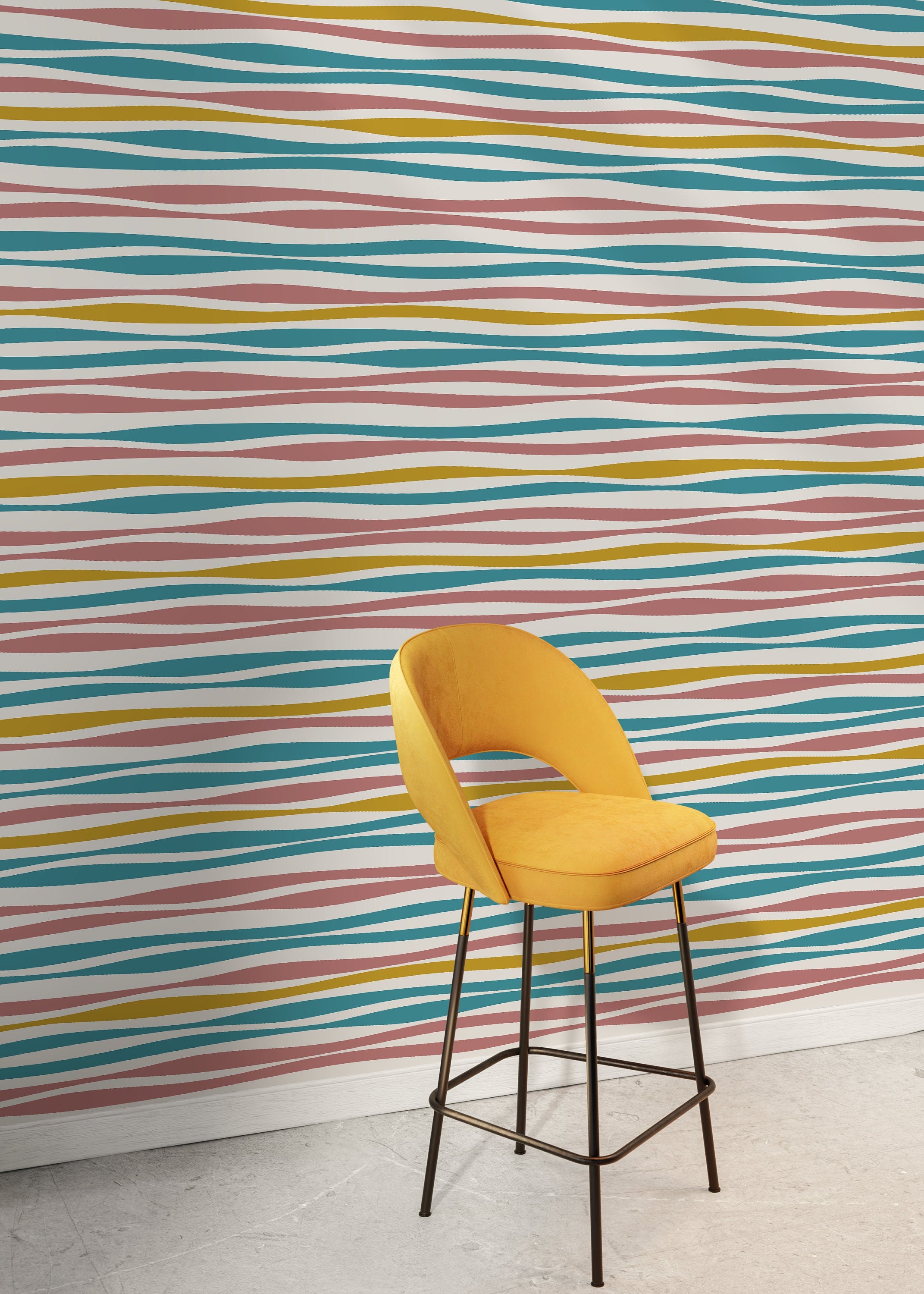 Abstract Wallpaper With Wavy Horizontal Stripes In Teal, Pink, And Yellow - D490