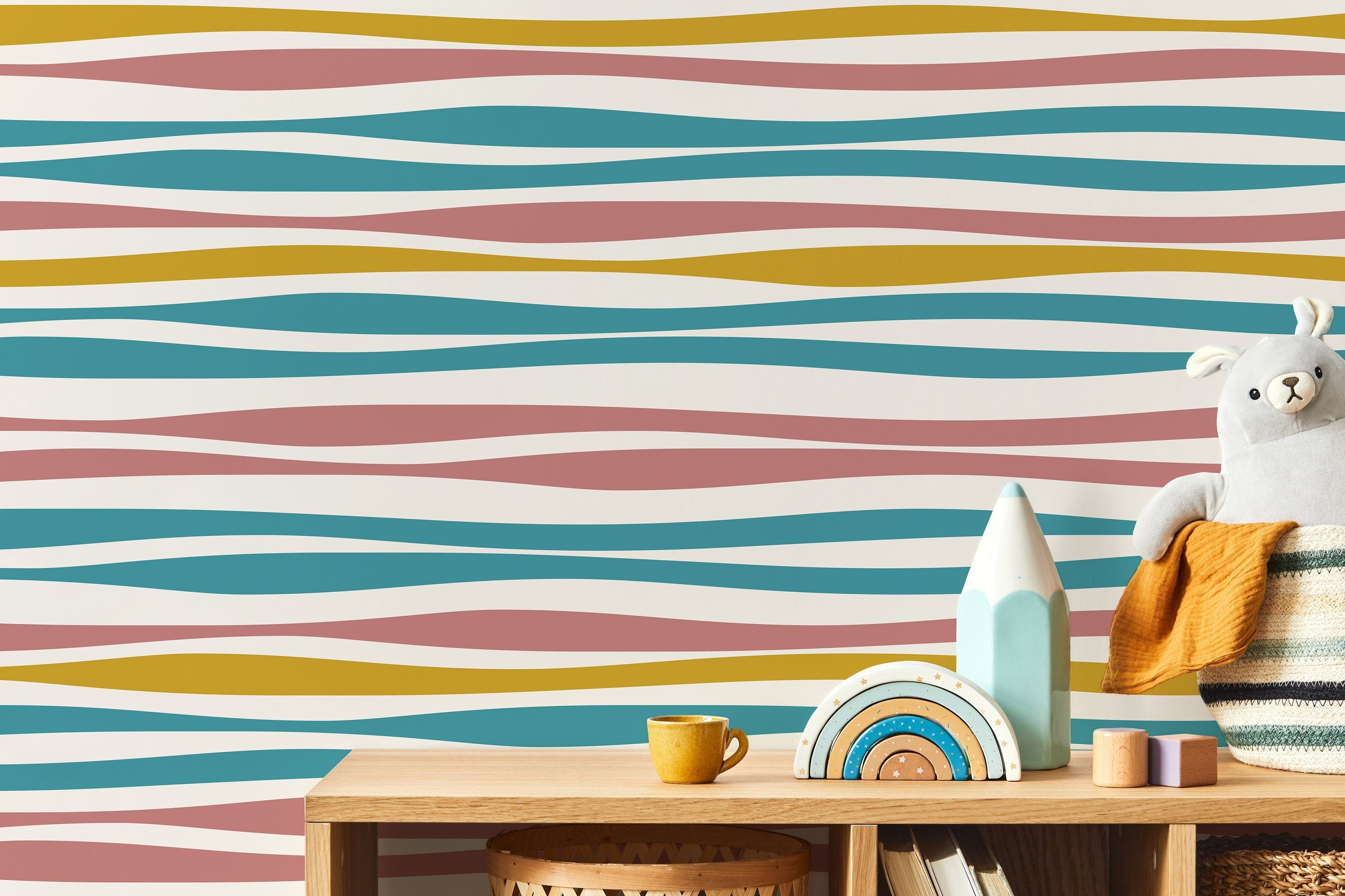 Abstract Wallpaper With Wavy Horizontal Stripes In Teal, Pink, And Yellow - D490