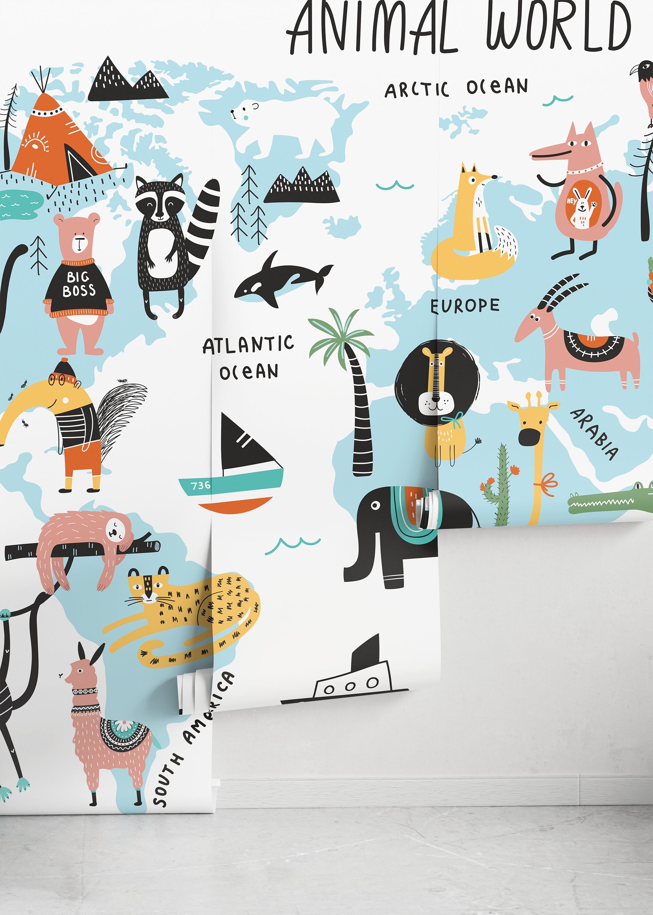 Kids World Map Wallpaper With Illustrated Animals In Blue, Black, And Orange - D491