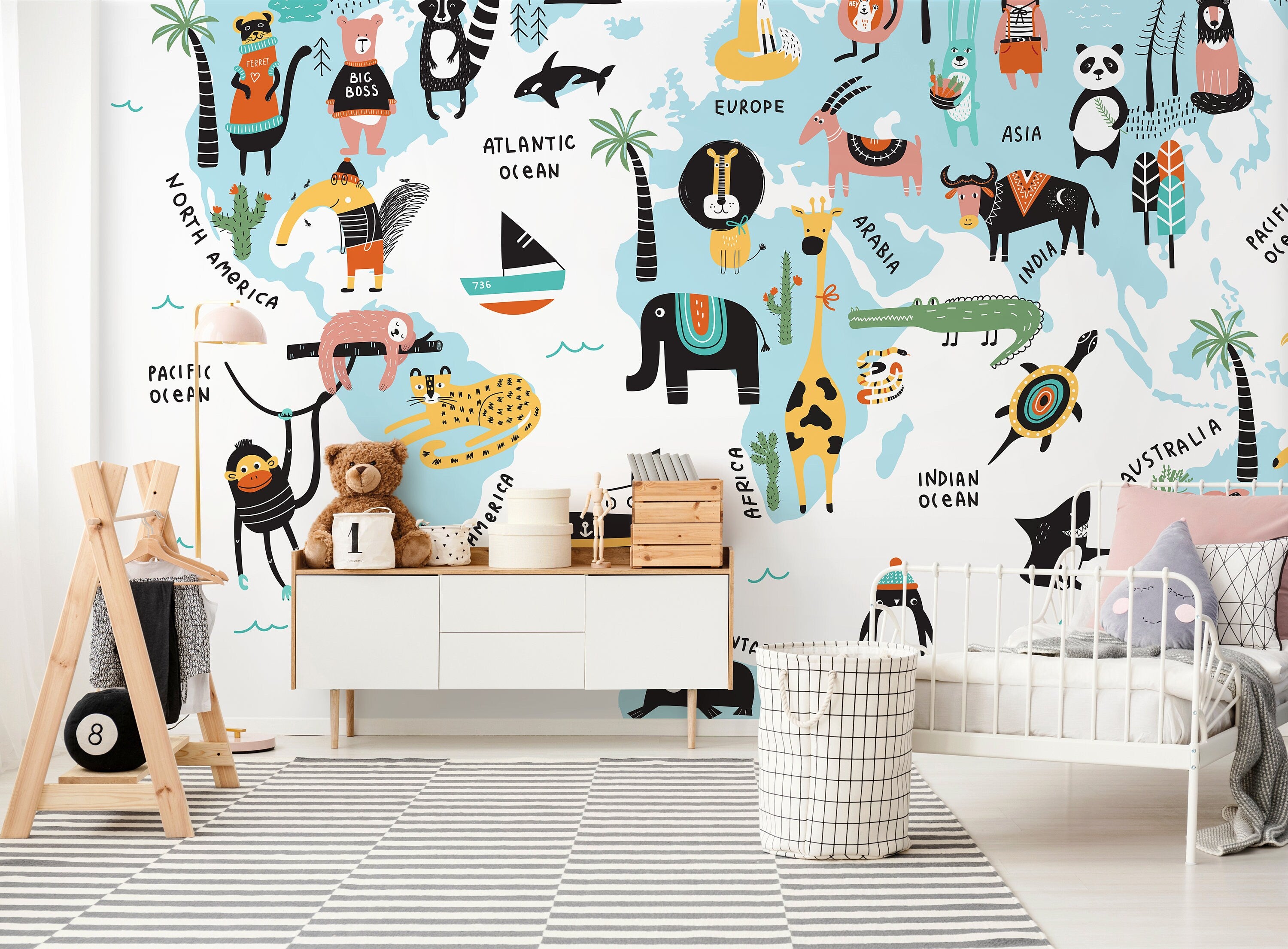 Kids World Map Wallpaper With Illustrated Animals In Blue, Black, And Orange - D491