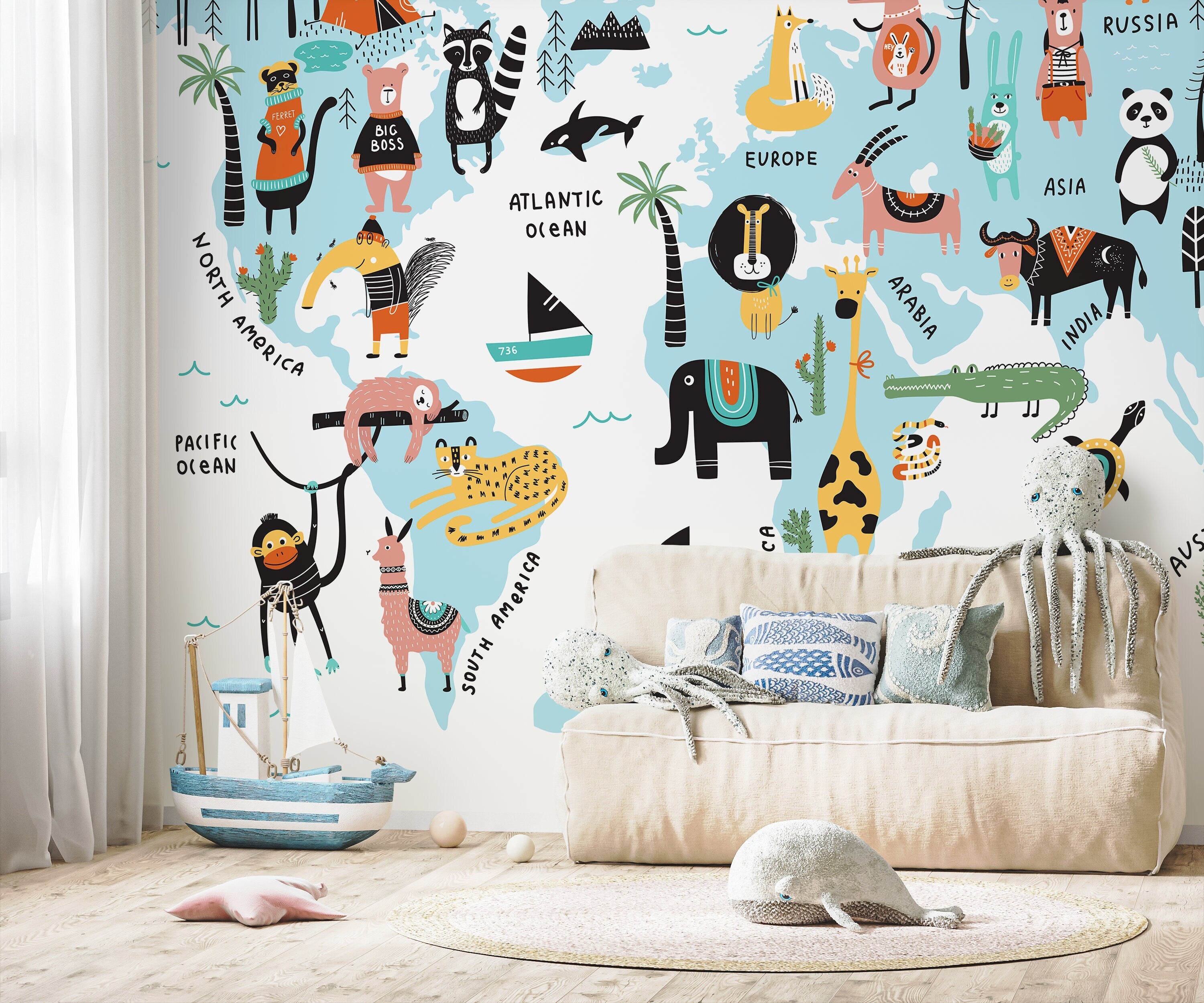 Kids World Map Wallpaper With Illustrated Animals In Blue, Black, And Orange - D491