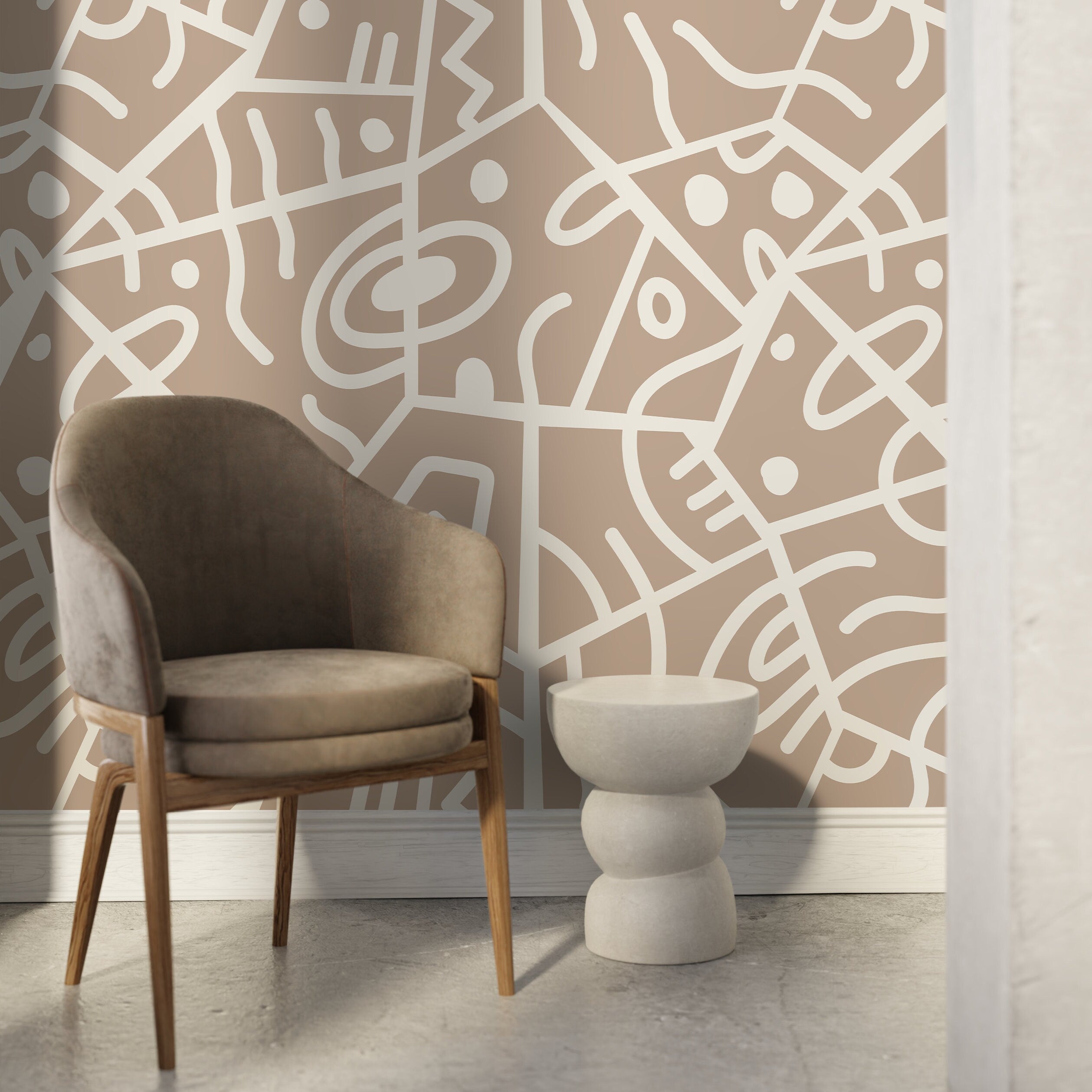 Abstract Wallpaper With A Bold Ethnic Line Art Motif In Beige And Cream - D552