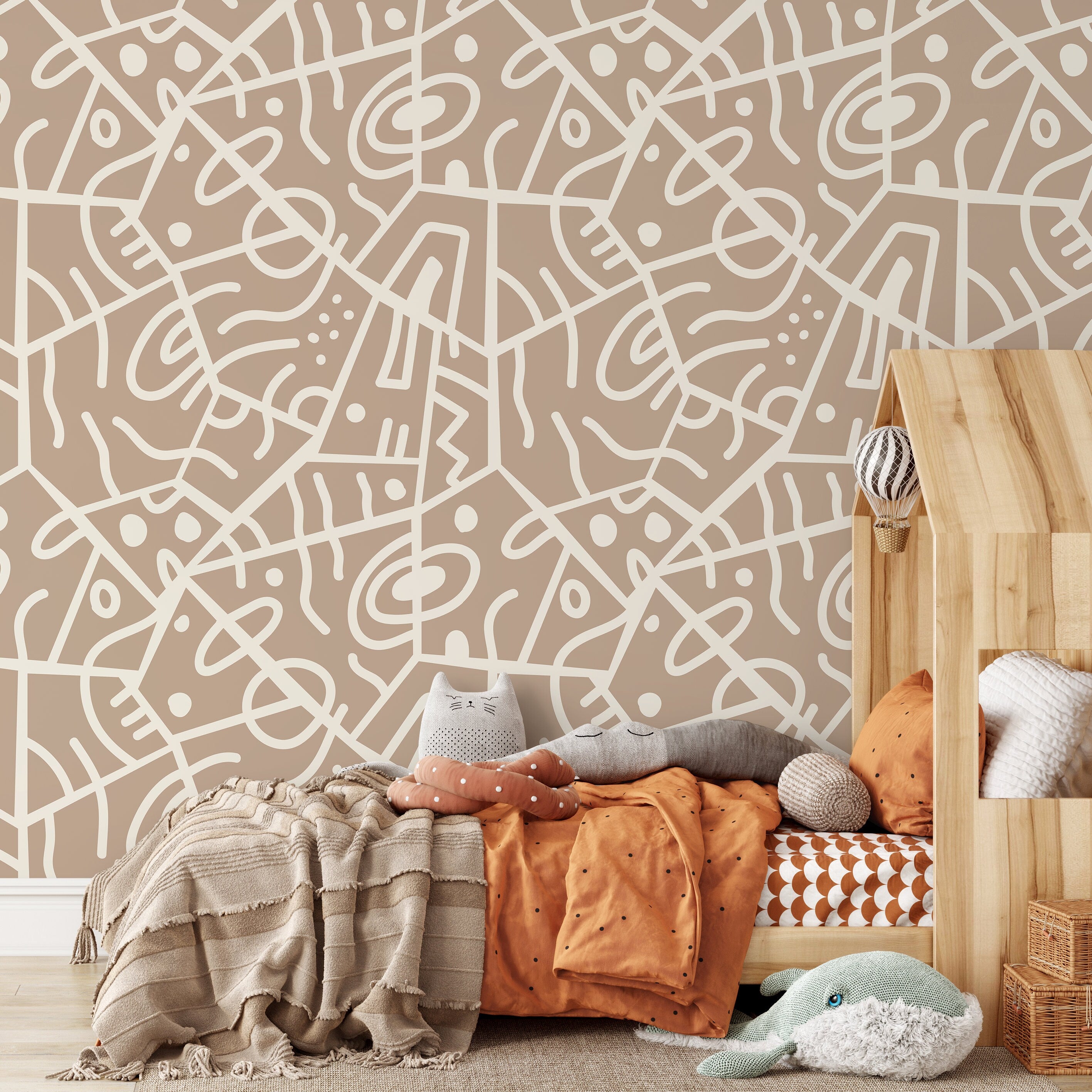 Abstract Wallpaper With A Bold Ethnic Line Art Motif In Beige And Cream - D552