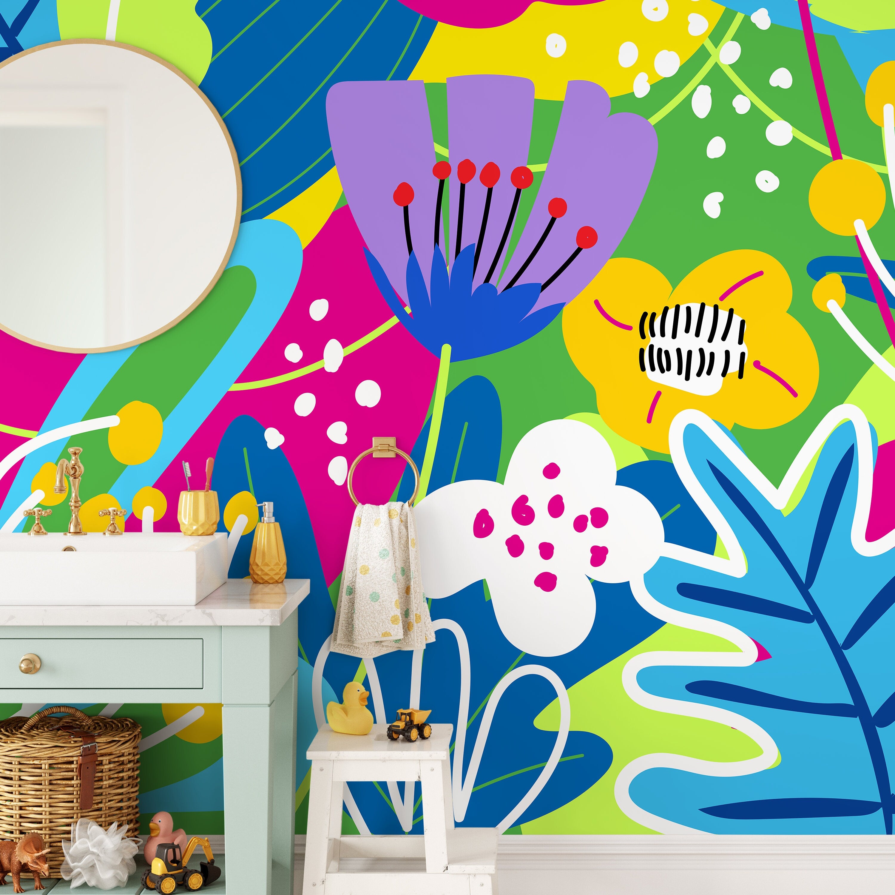 Abstract Wallpaper Featuring Graphic Flowers In Blue, Pink, And Yellow - D553