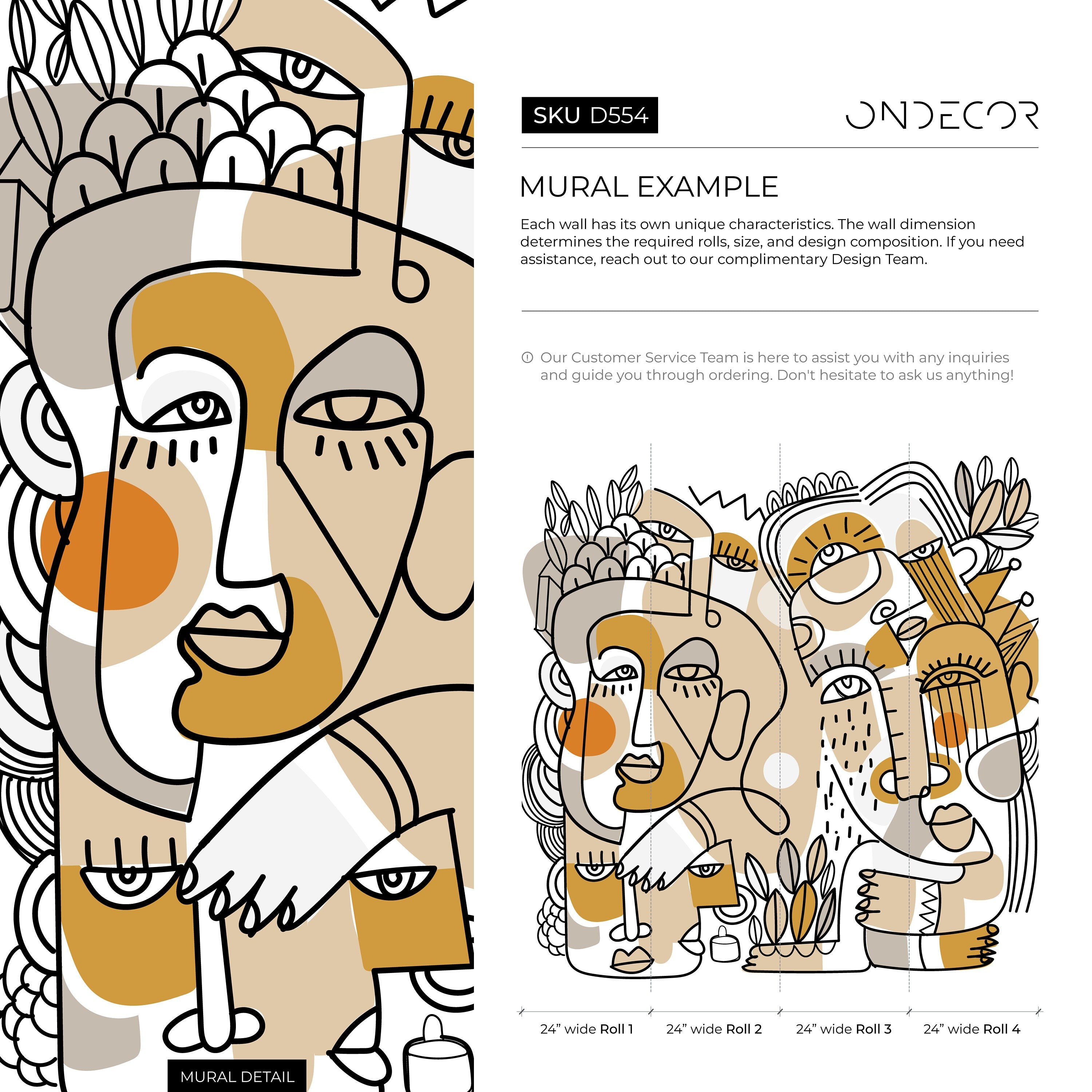 Abstract Wallpaper With Continuous Line Art Faces In Beige, Ochre, And Black - D554