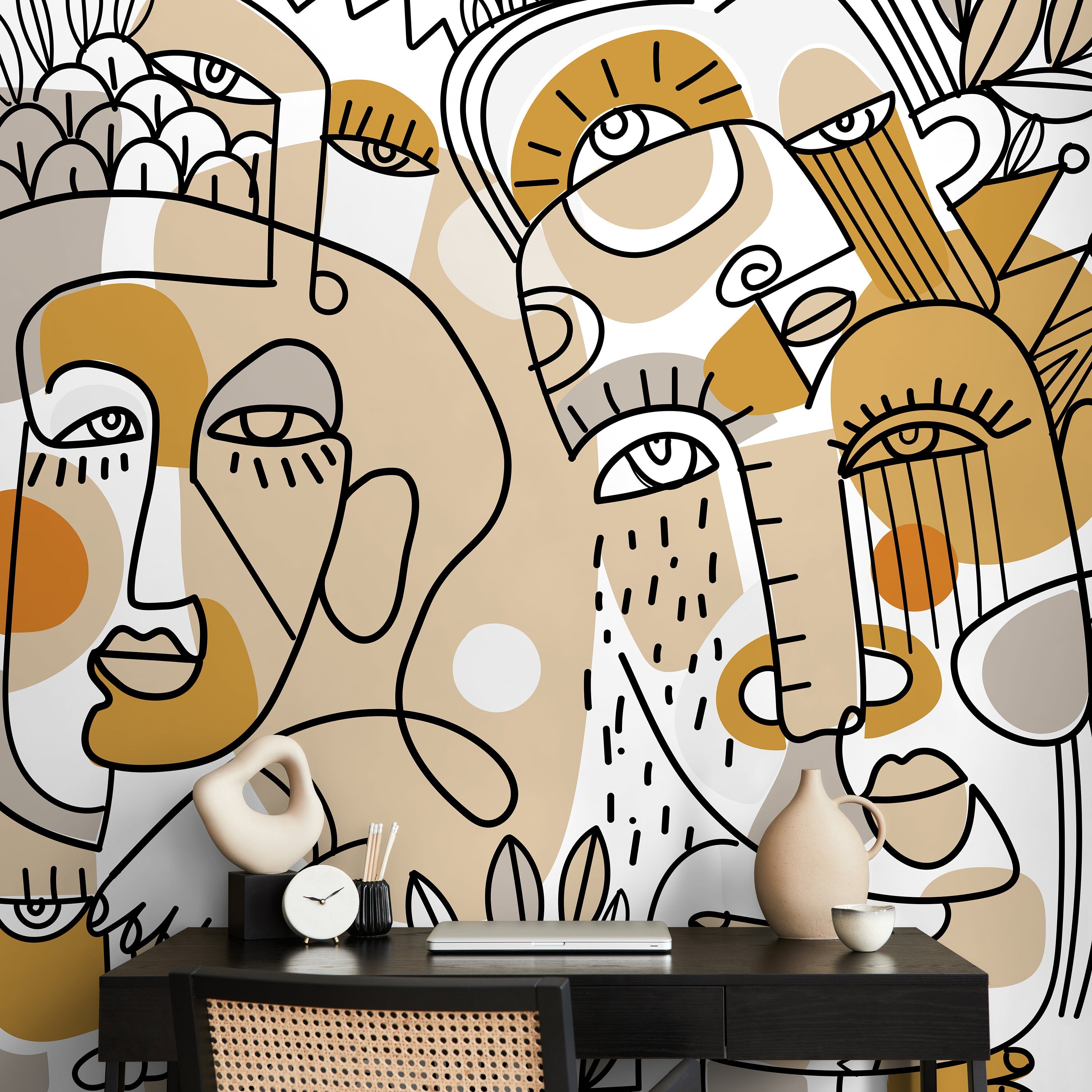 Abstract Wallpaper With Continuous Line Art Faces In Beige, Ochre, And Black - D554