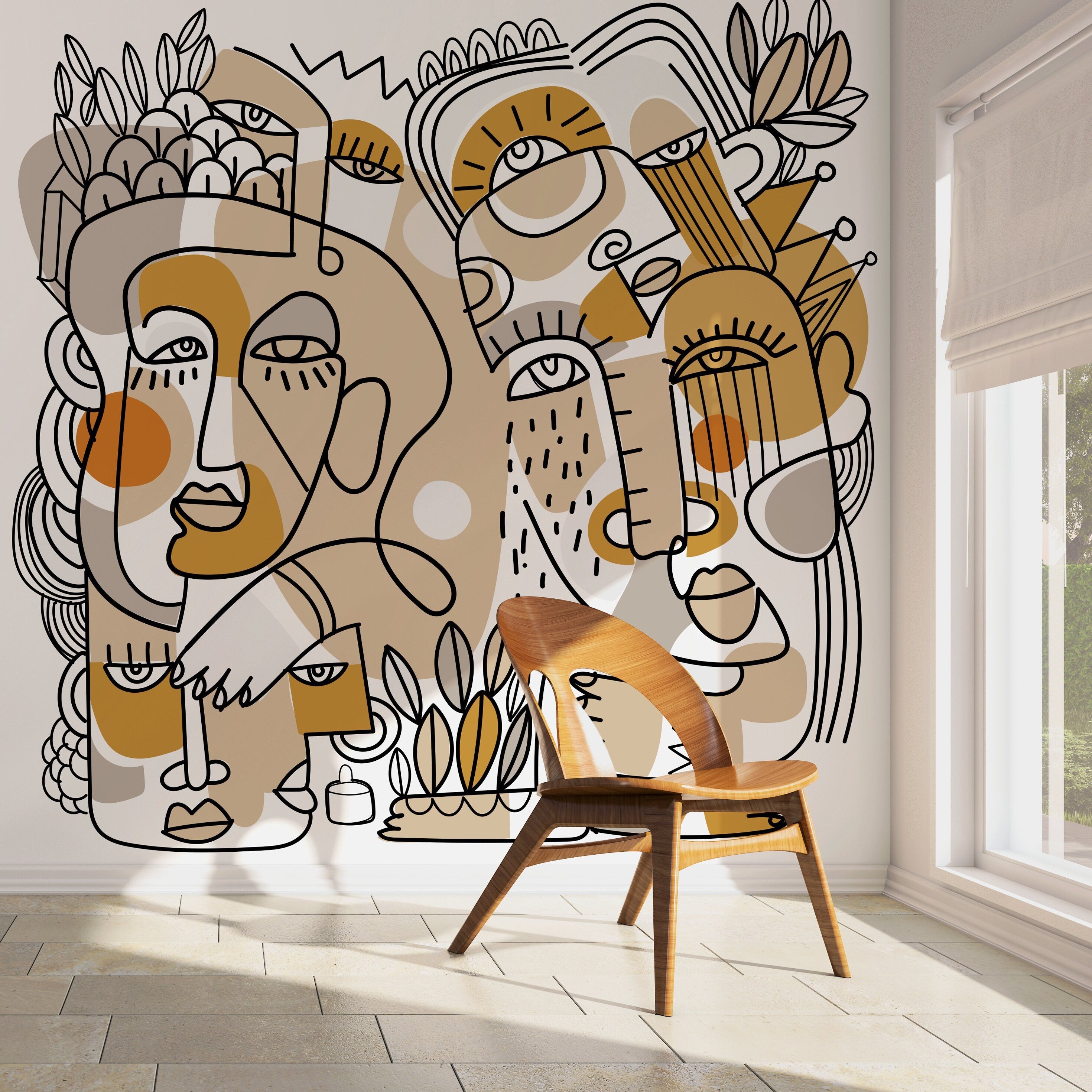 Abstract Wallpaper With Continuous Line Art Faces In Beige, Ochre, And Black - D554