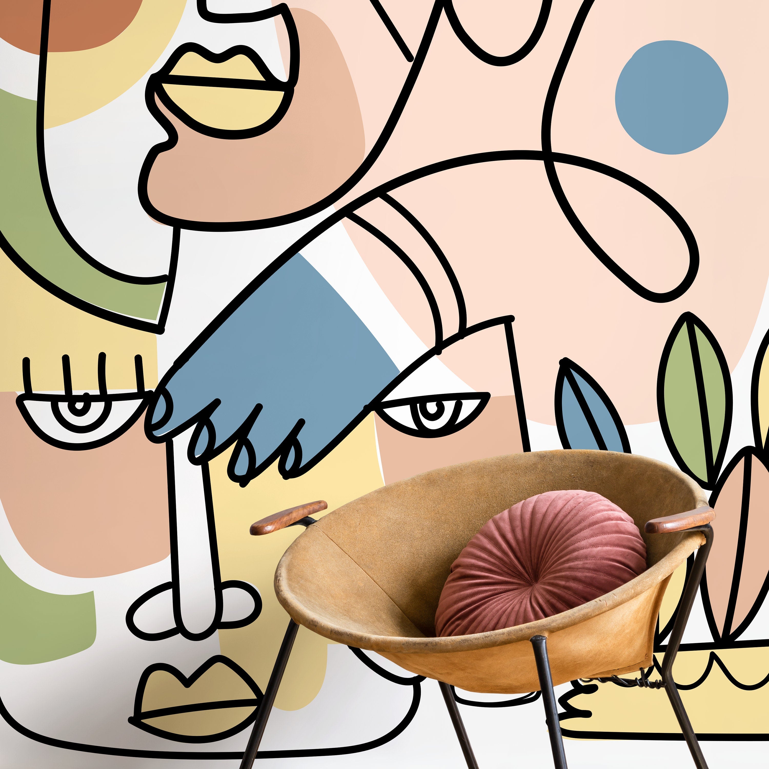 Abstract Wallpaper With Continuous Line Art Faces In Green, Blue, And Peach - D555