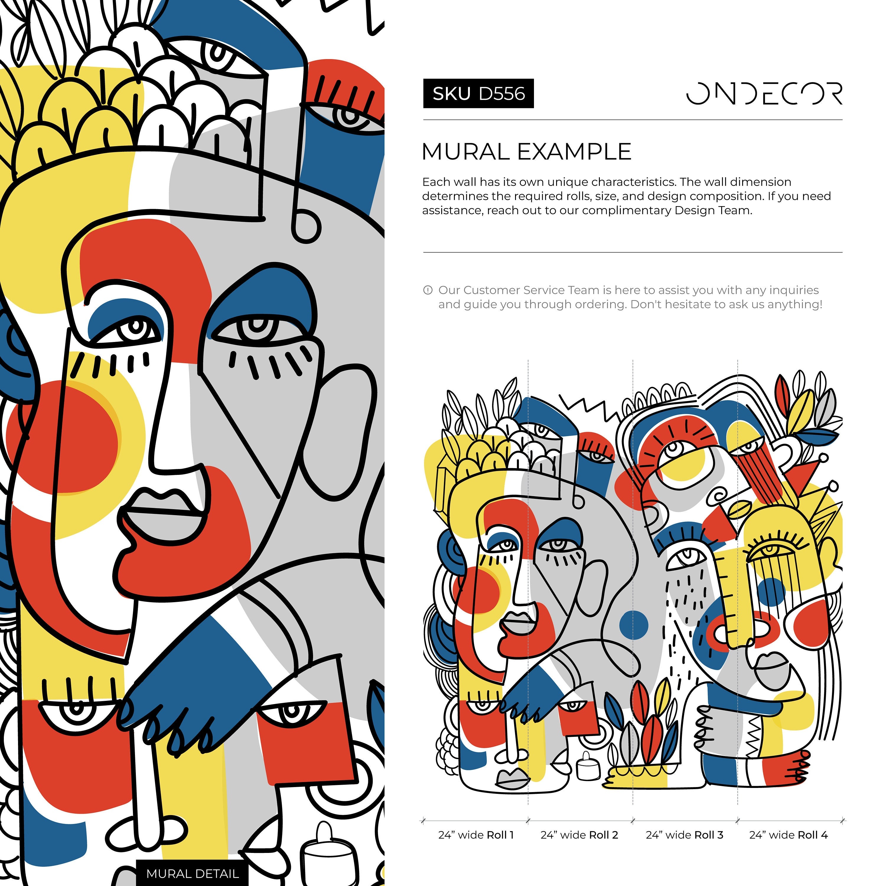 Abstract Wallpaper With Bold Line Art Faces In Yellow, Red, And Blue - D556