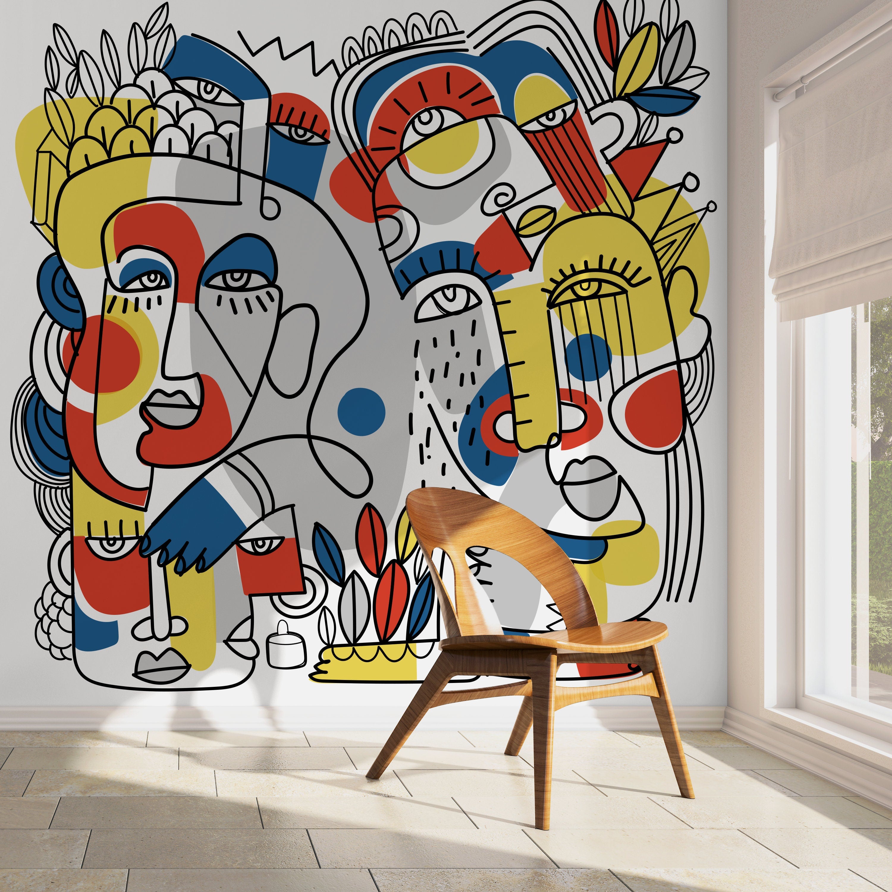 Abstract Wallpaper With Bold Line Art Faces In Yellow, Red, And Blue - D556