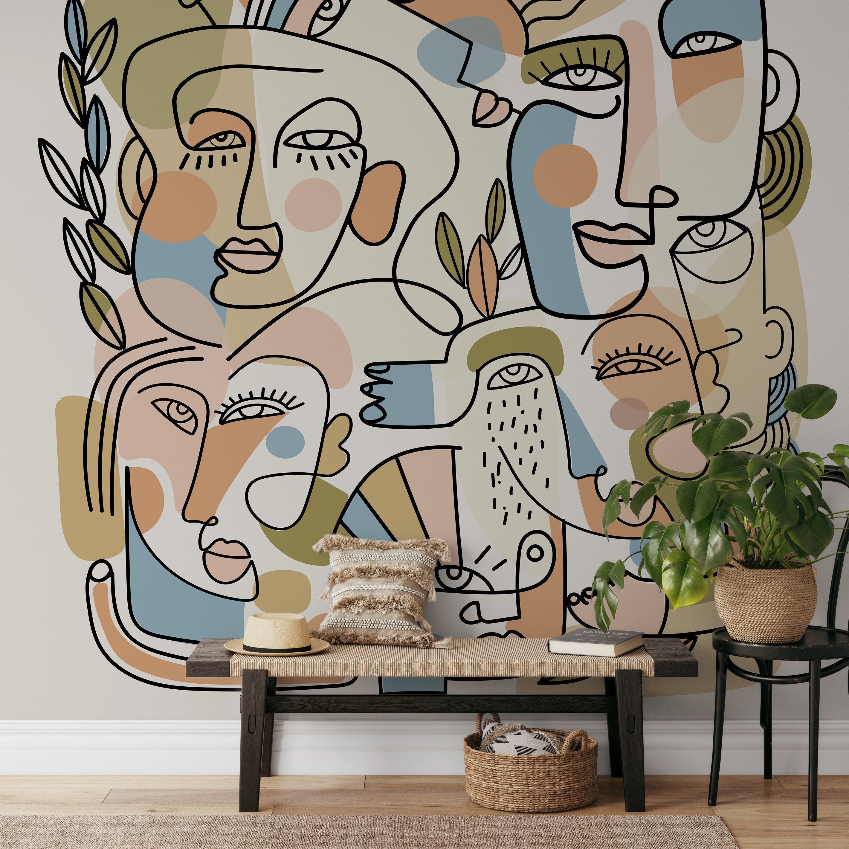 Abstract Wallpaper With Continuous Line Art Faces In Blue, Green, And Terracotta - D558