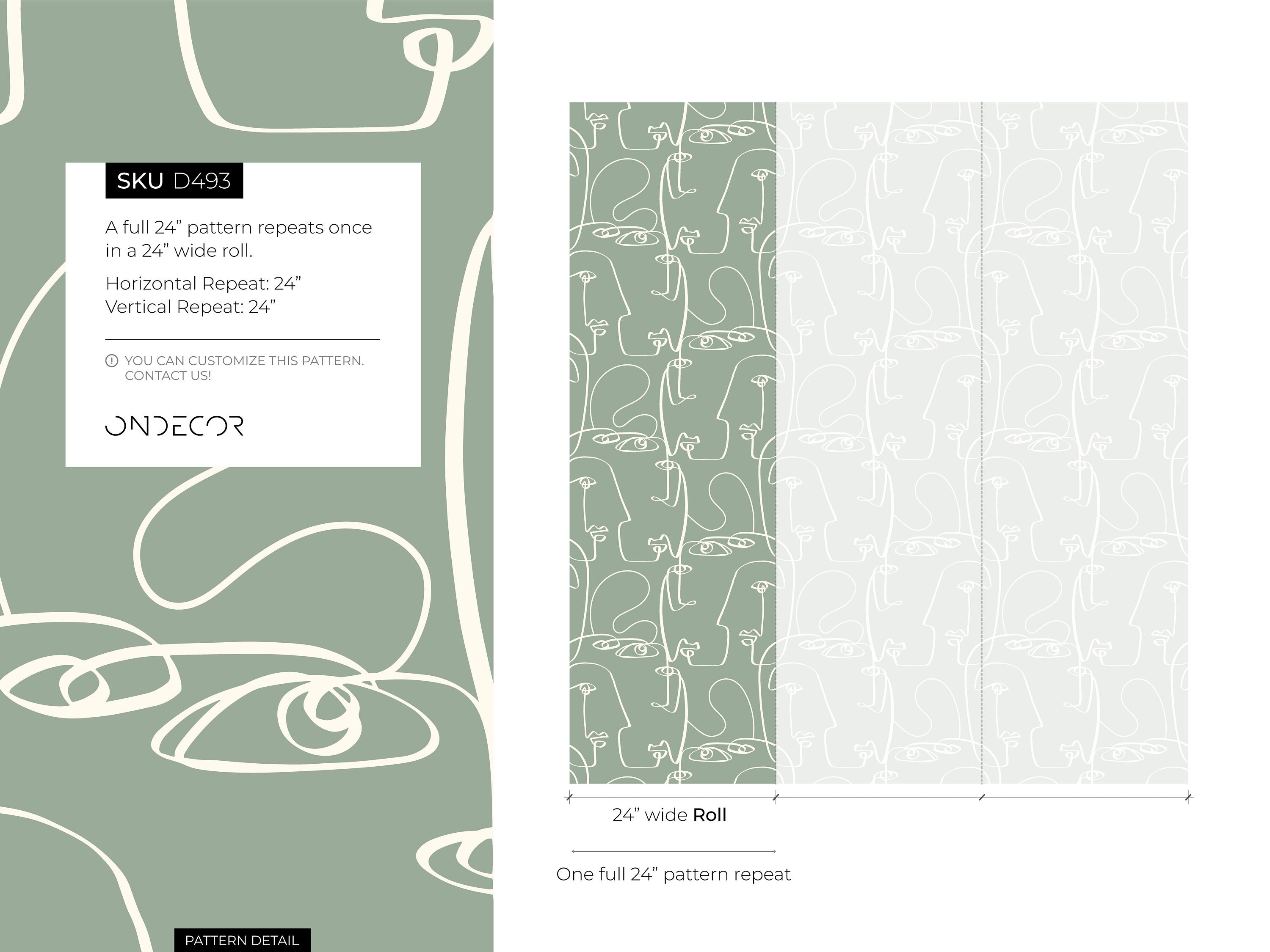 Line Art Wallpaper Featuring Abstract Faces In Green And White - D493