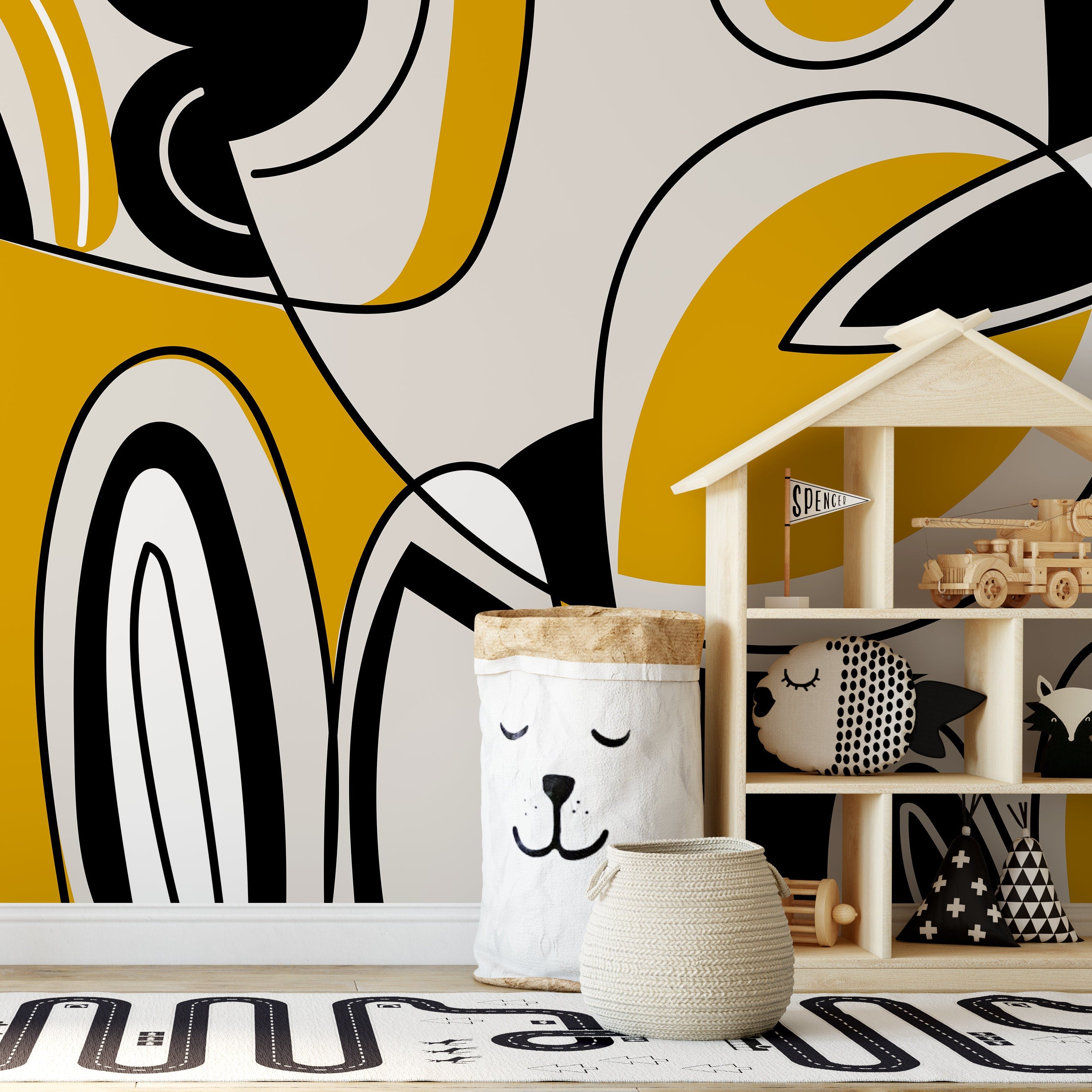Abstract Wallpaper With A Bold Graphic Line Art Motif In Black, Yellow, And Gray - D560