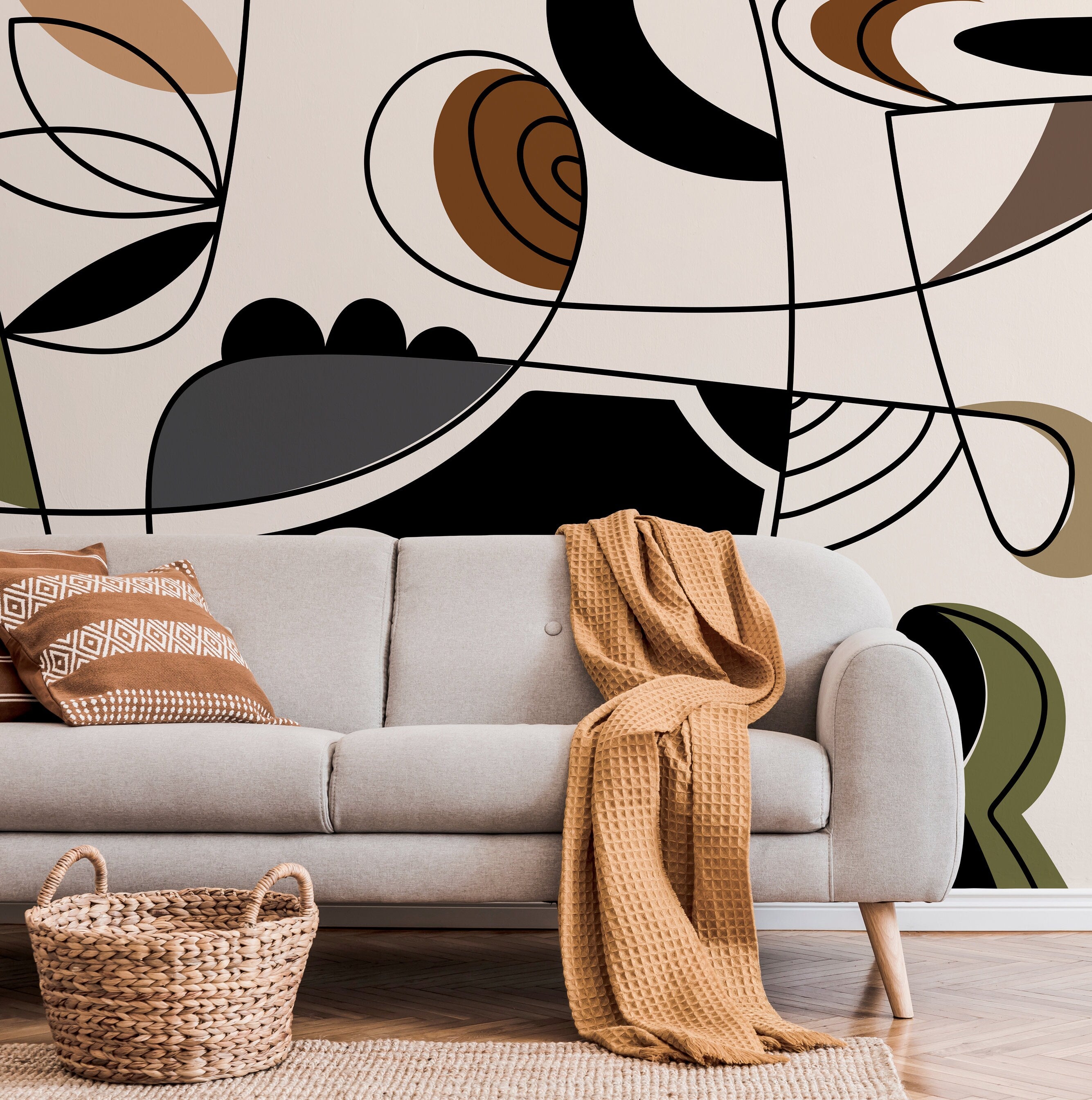 Abstract Wallpaper With Bold Geometric Shapes In Green, Brown, And Black - D561