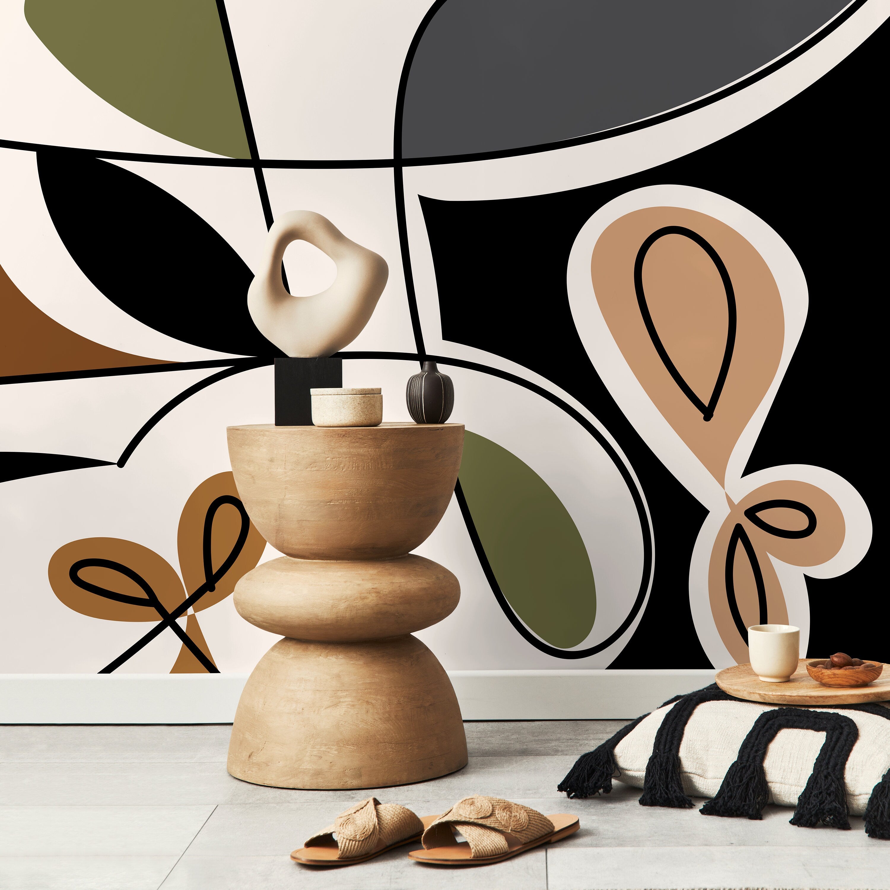 Abstract Wallpaper With Bold Geometric Shapes In Green, Brown, And Black - D561